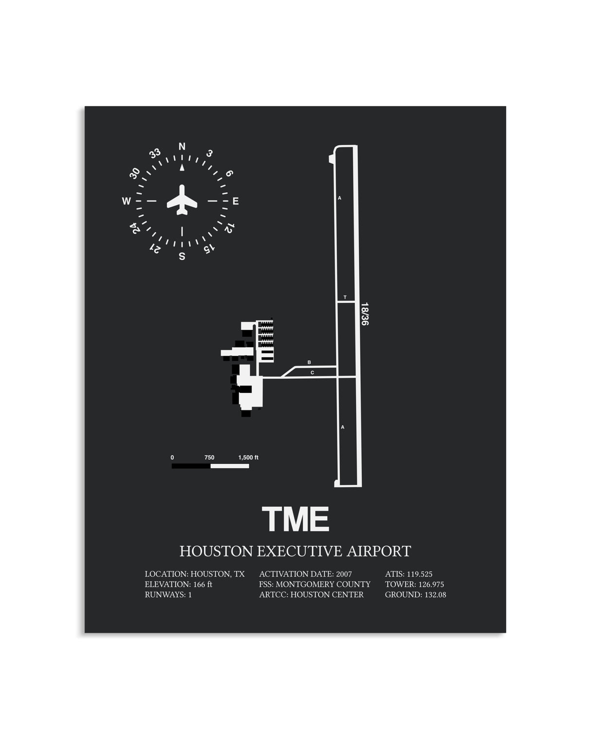 Gray Framed Houston Executive Airport layout wall art poster