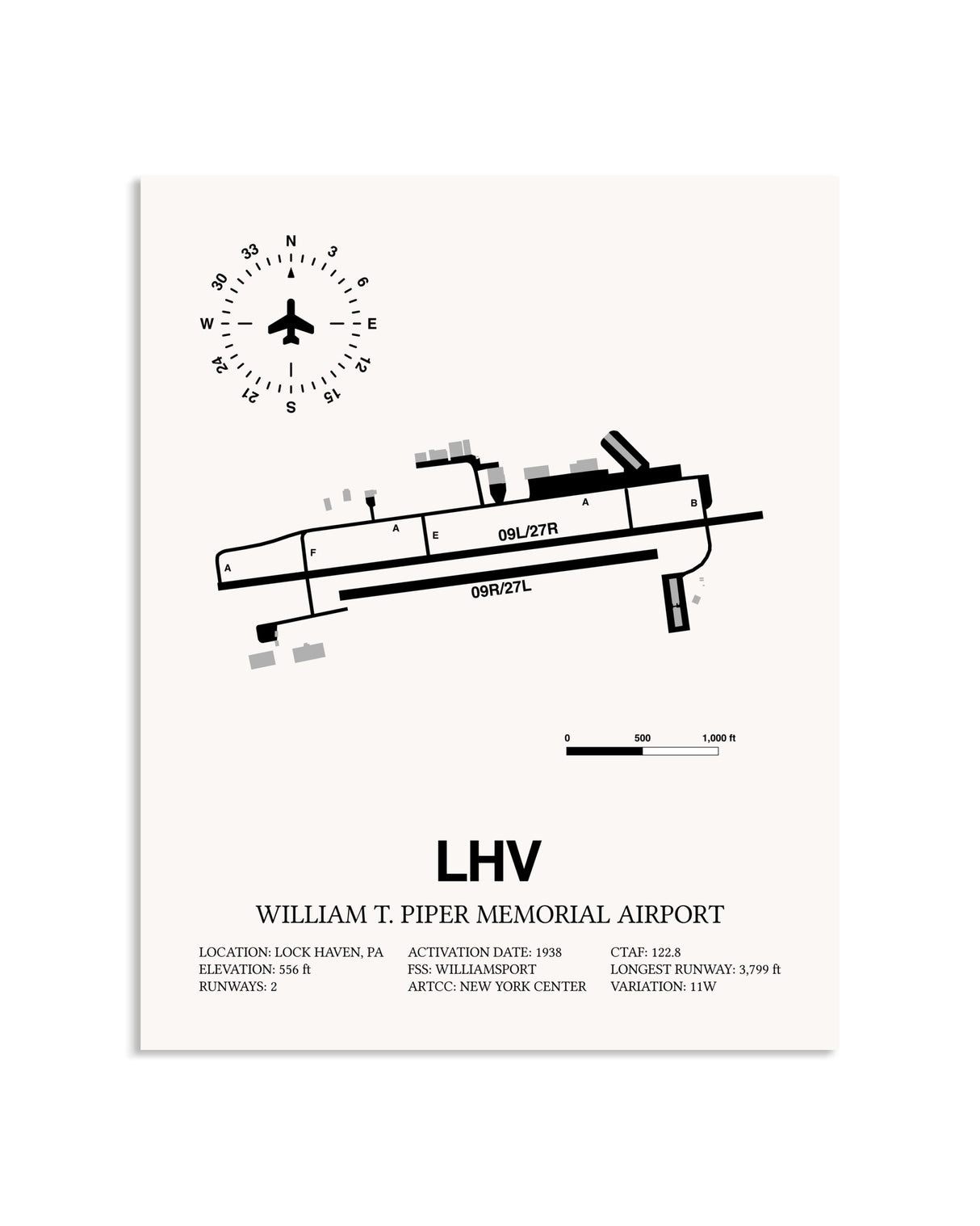 Gray William T. Piper Memorial Airport framed poster displayed in an airplane hangar