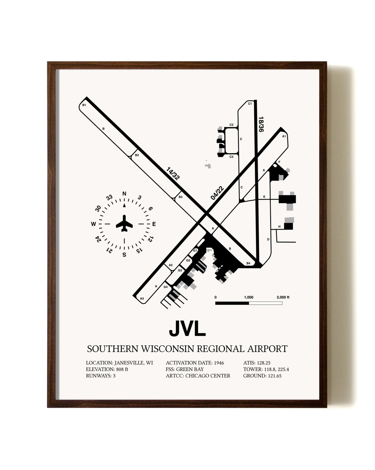 Southern Wisconsin Regional Airport aviation print in walnut frame