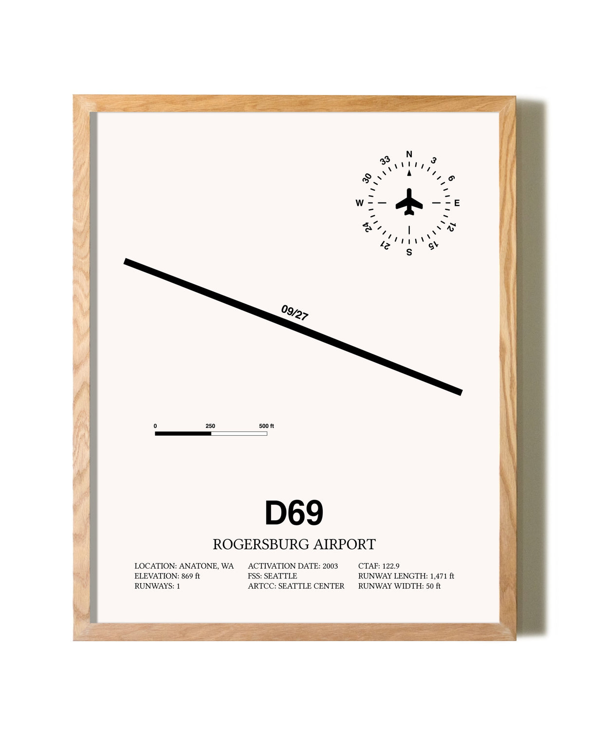 Rogersburg Airport framed print in natural wood frame
