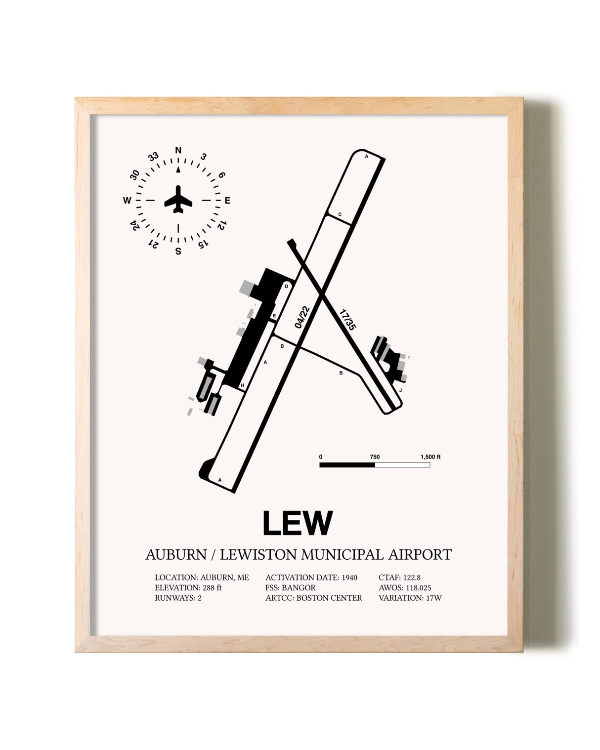 Auburn / Lewiston Municipal Airport framed wall art in white frame
