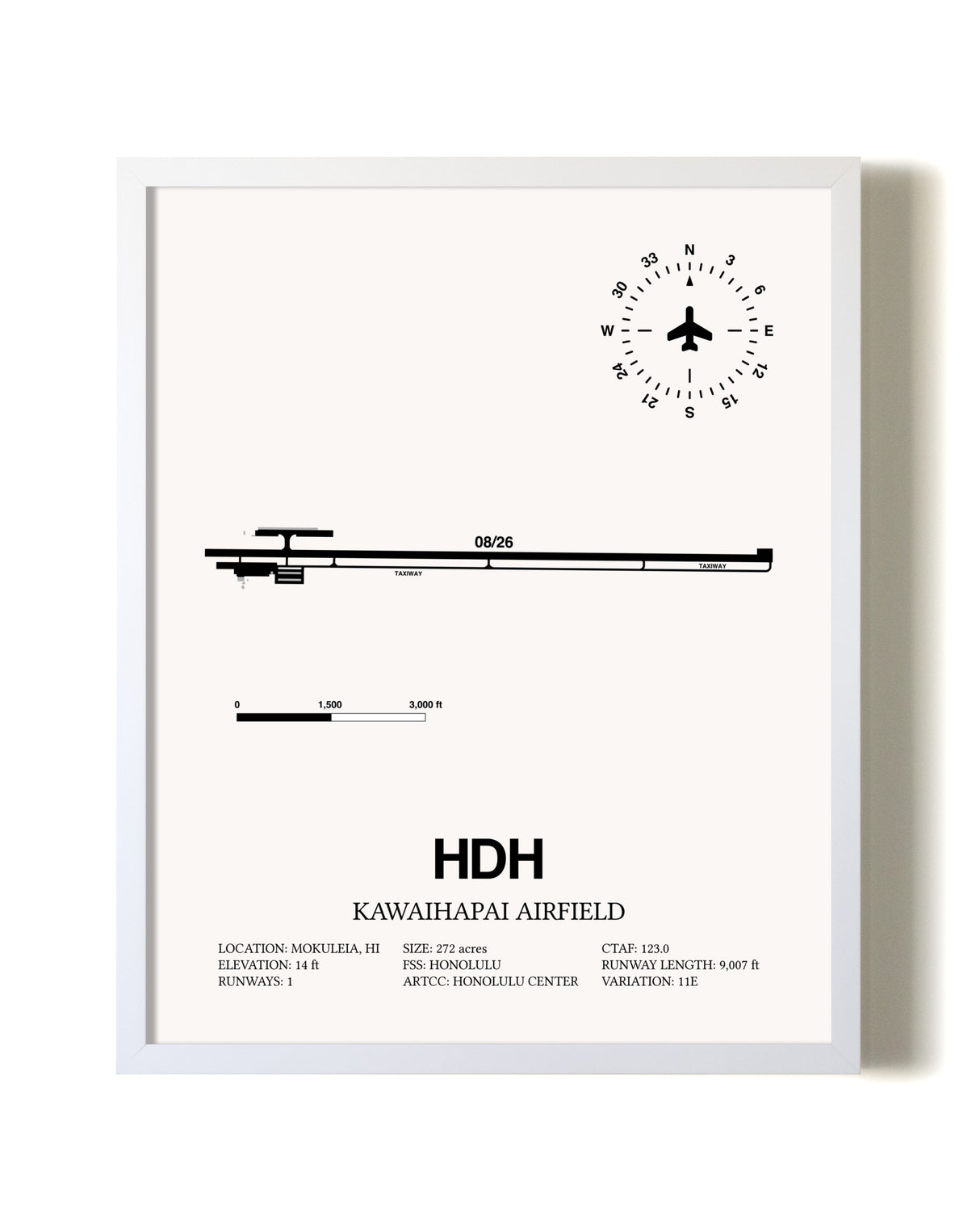 Kawaihapai Airfield airport map poster in oak frame