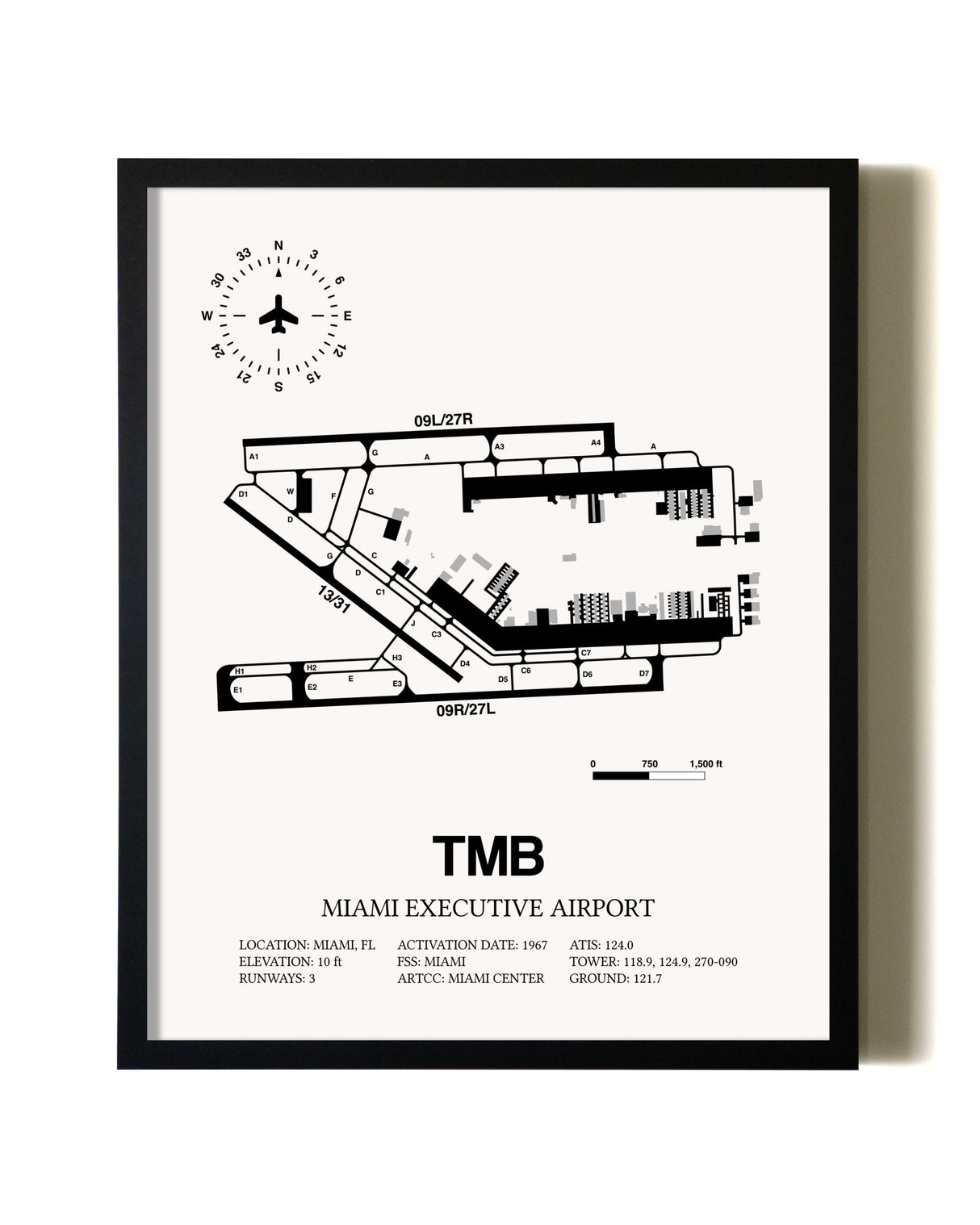 Framed Miami Executive Airport wall art poster in black frame