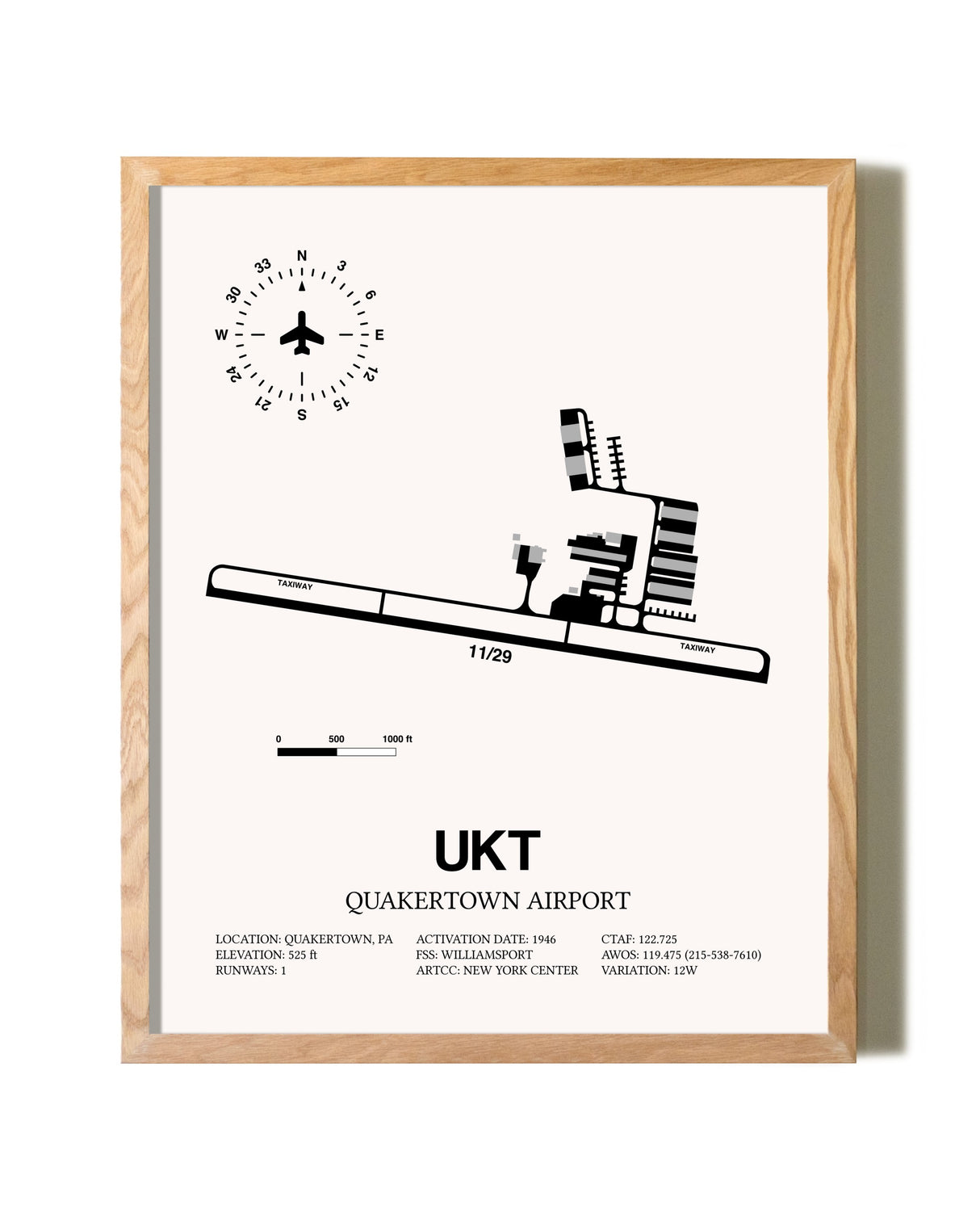 Quakertown Airport framed print in natural wood frame