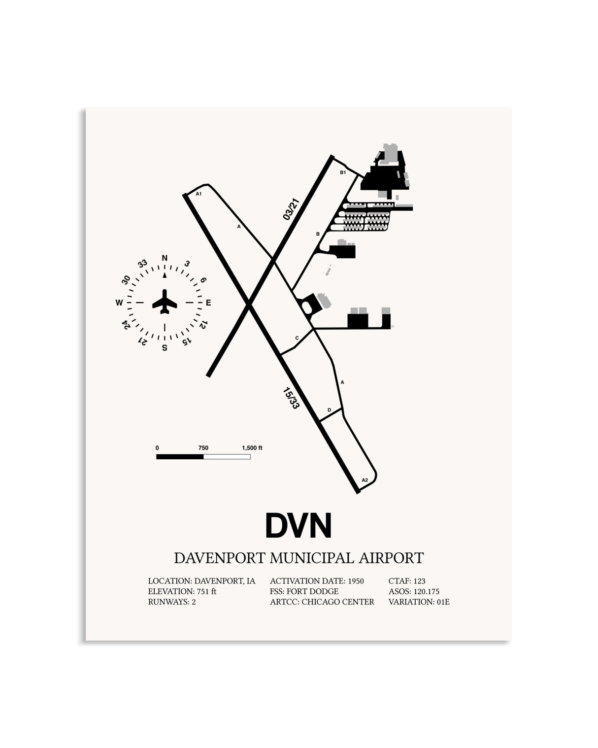 Gray Davenport Municipal Airport framed poster displayed in an airplane hangar