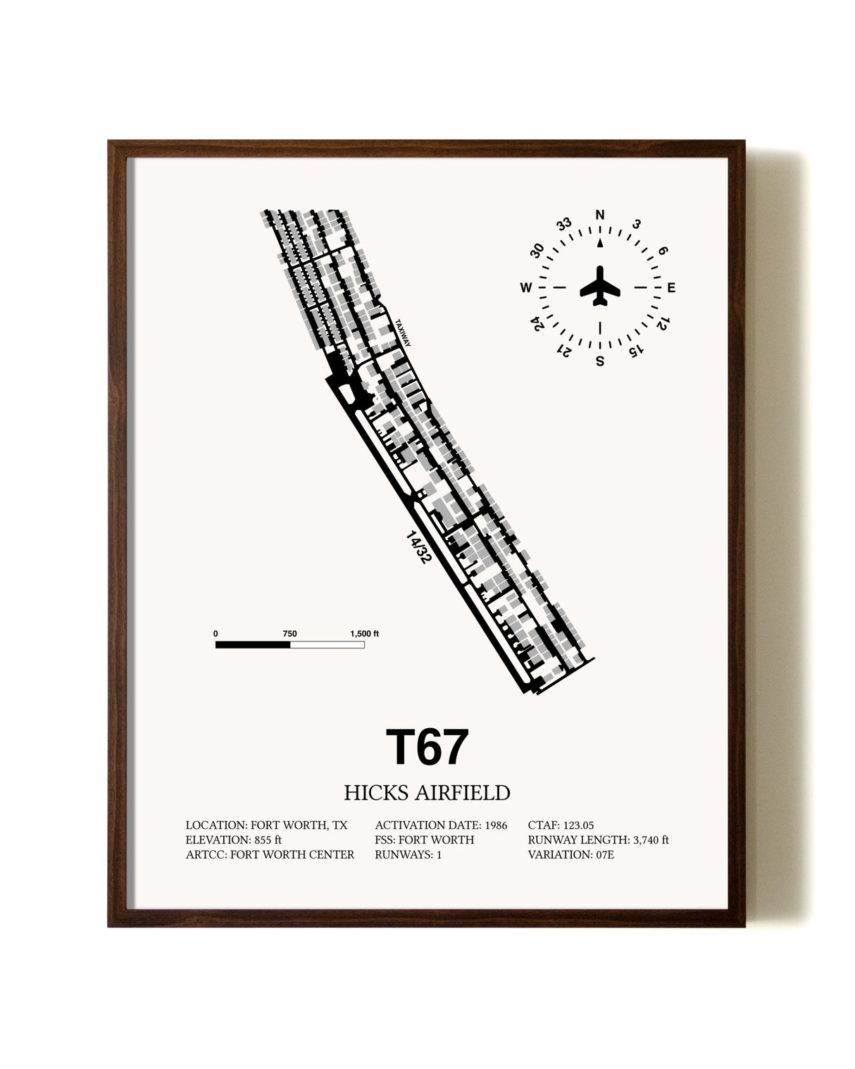 Hicks Airfield aviation print in walnut frame