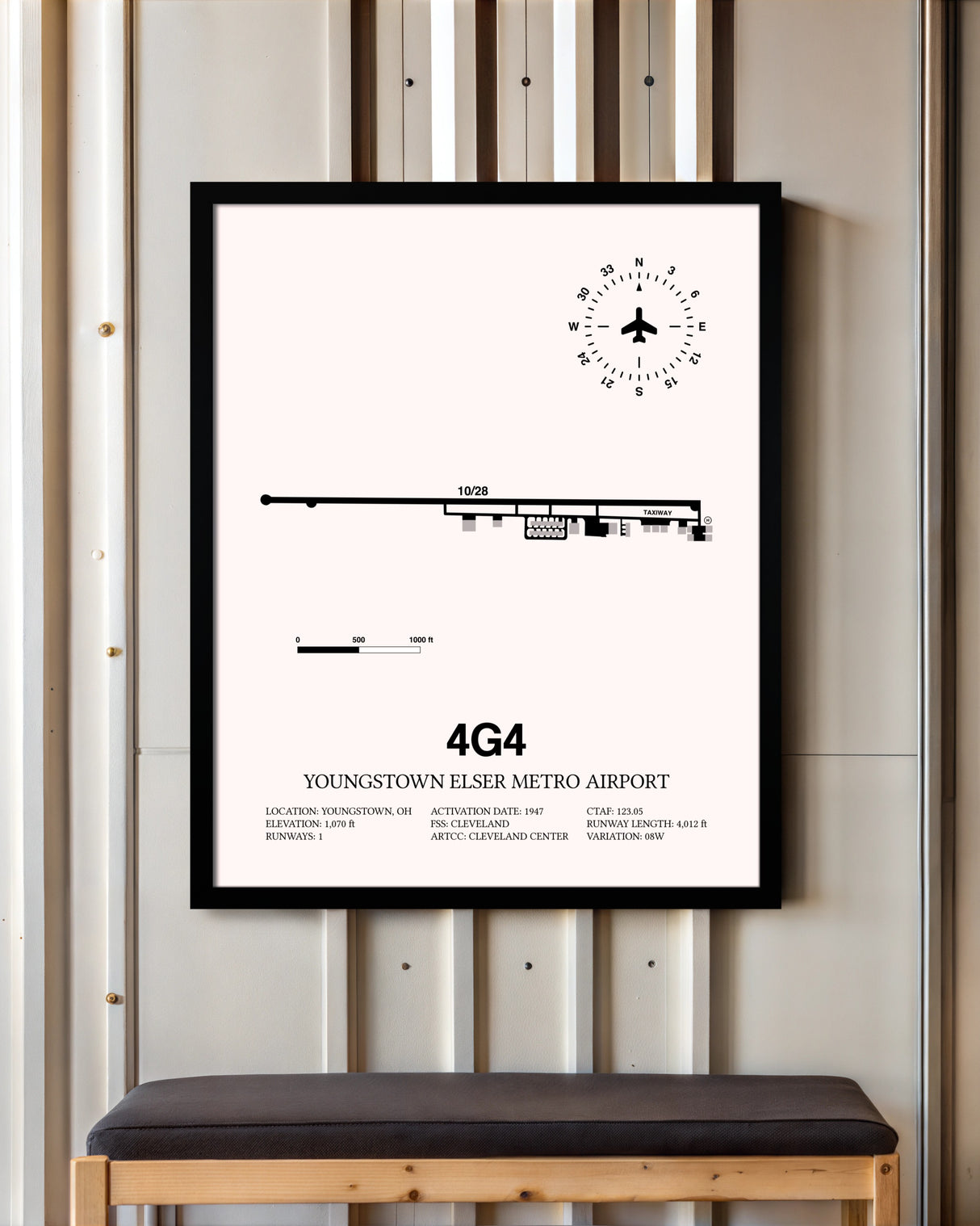 Youngstown Elser Metro Airport framed poster displayed in an airplane hangar