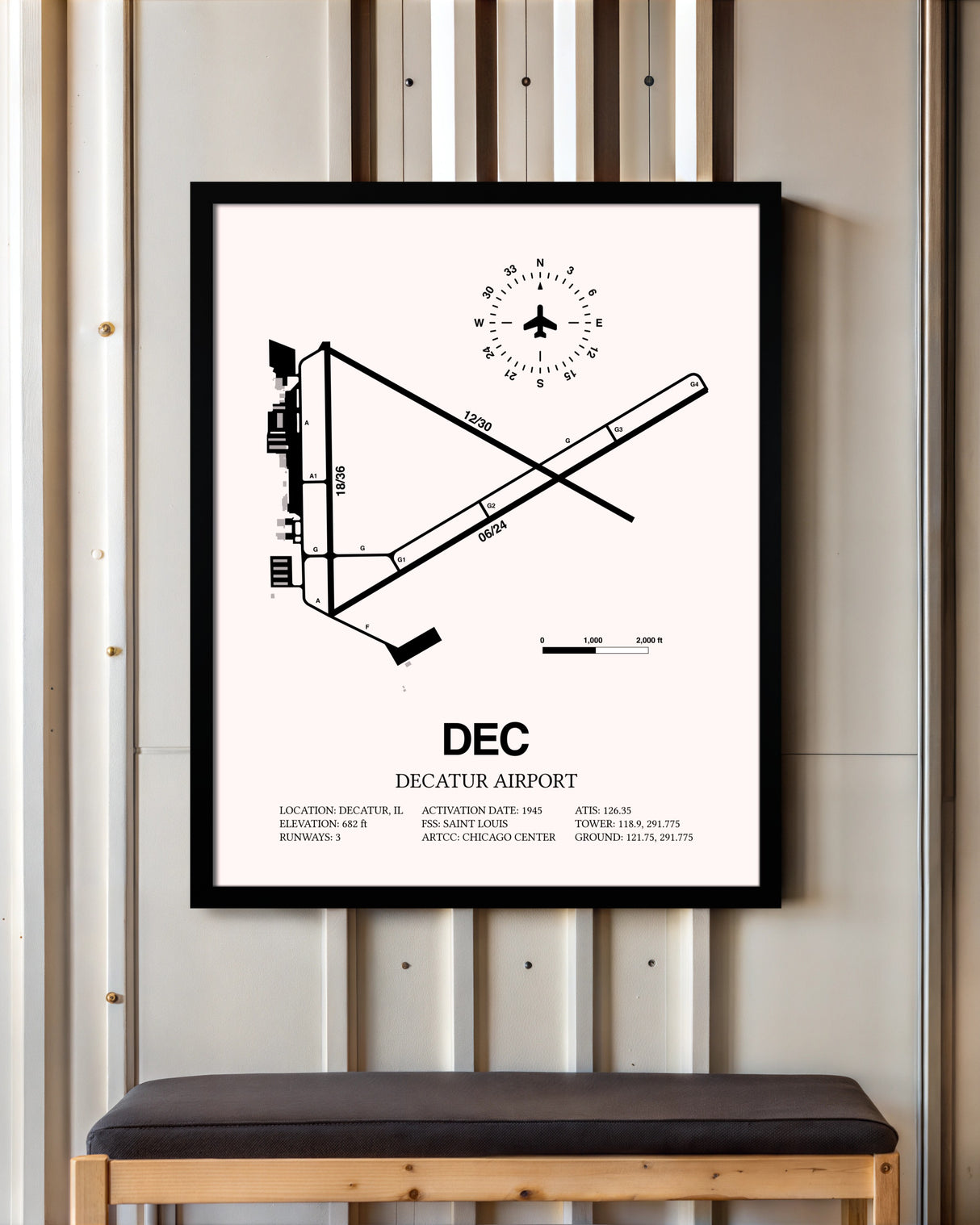 Decatur Airport framed poster displayed in an airplane hangar