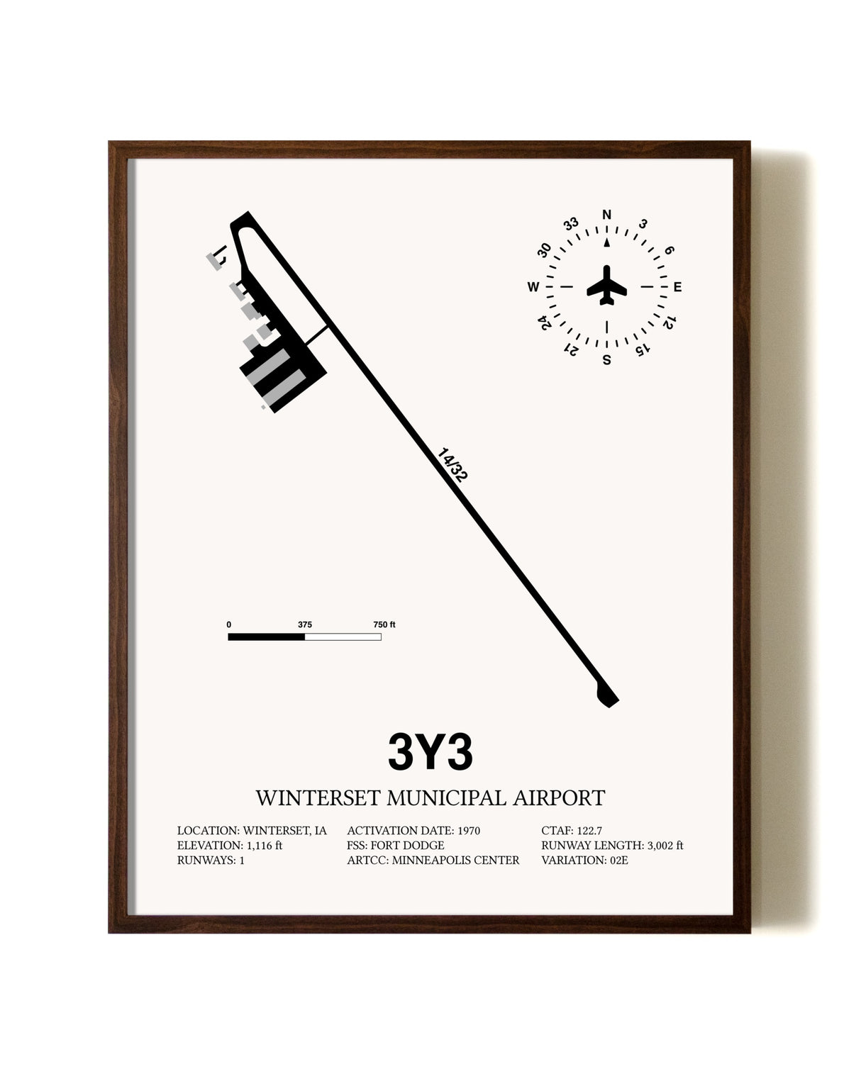 Winterset Municipal Airport aviation print in walnut frame