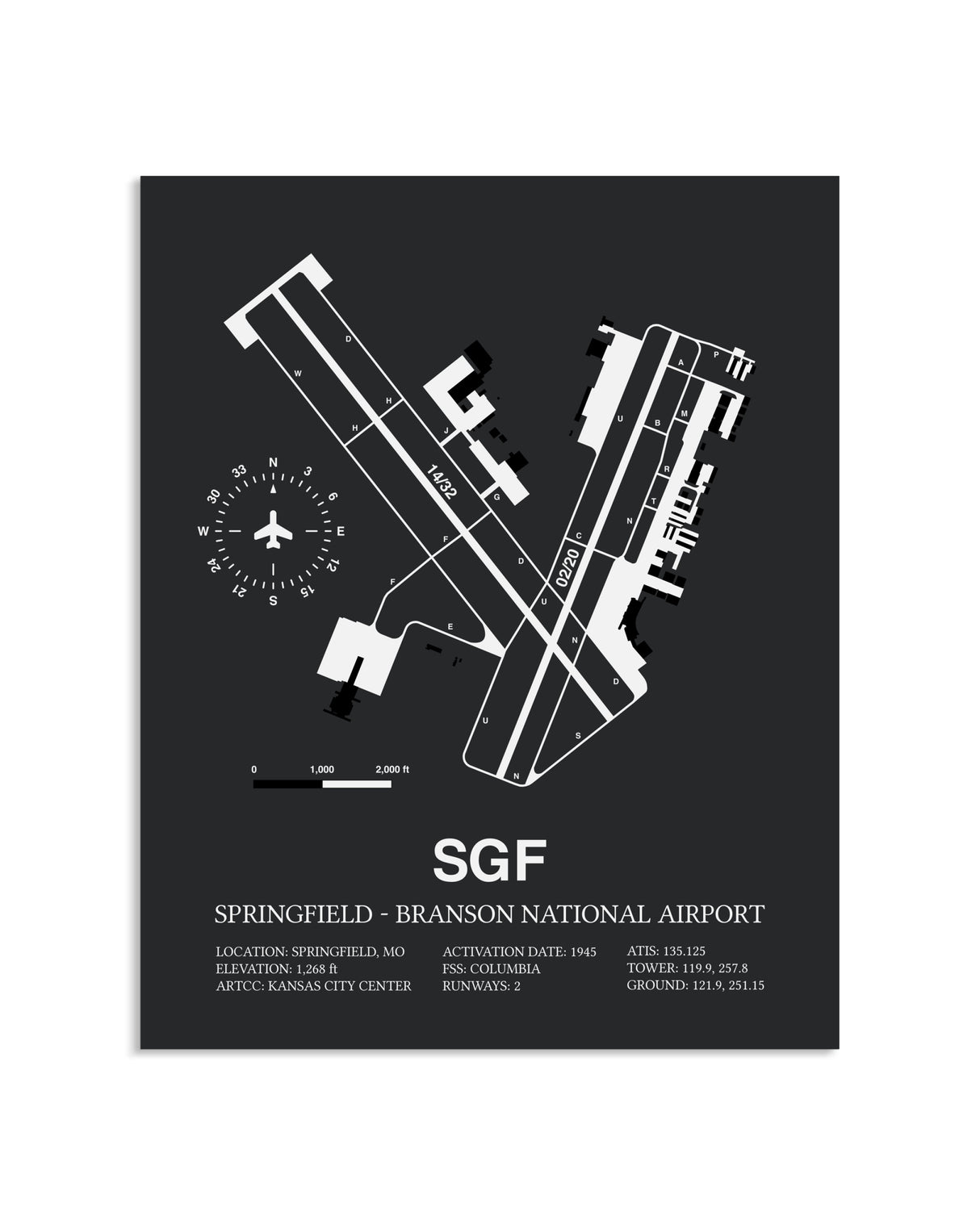 Gray Framed Springfield-Branson National Airport layout wall art poster