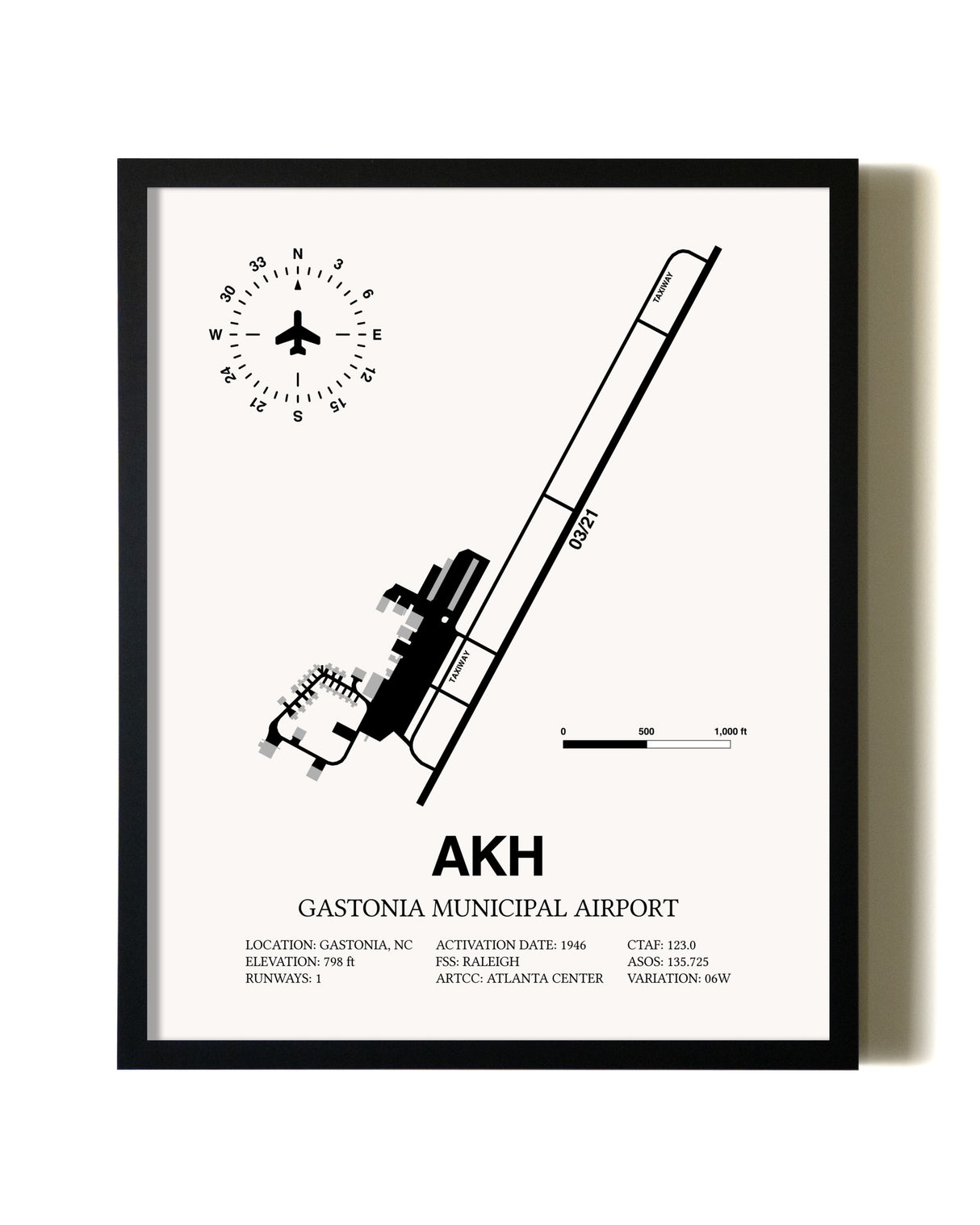 Framed Gastonia Municipal Airport wall art poster in black frame