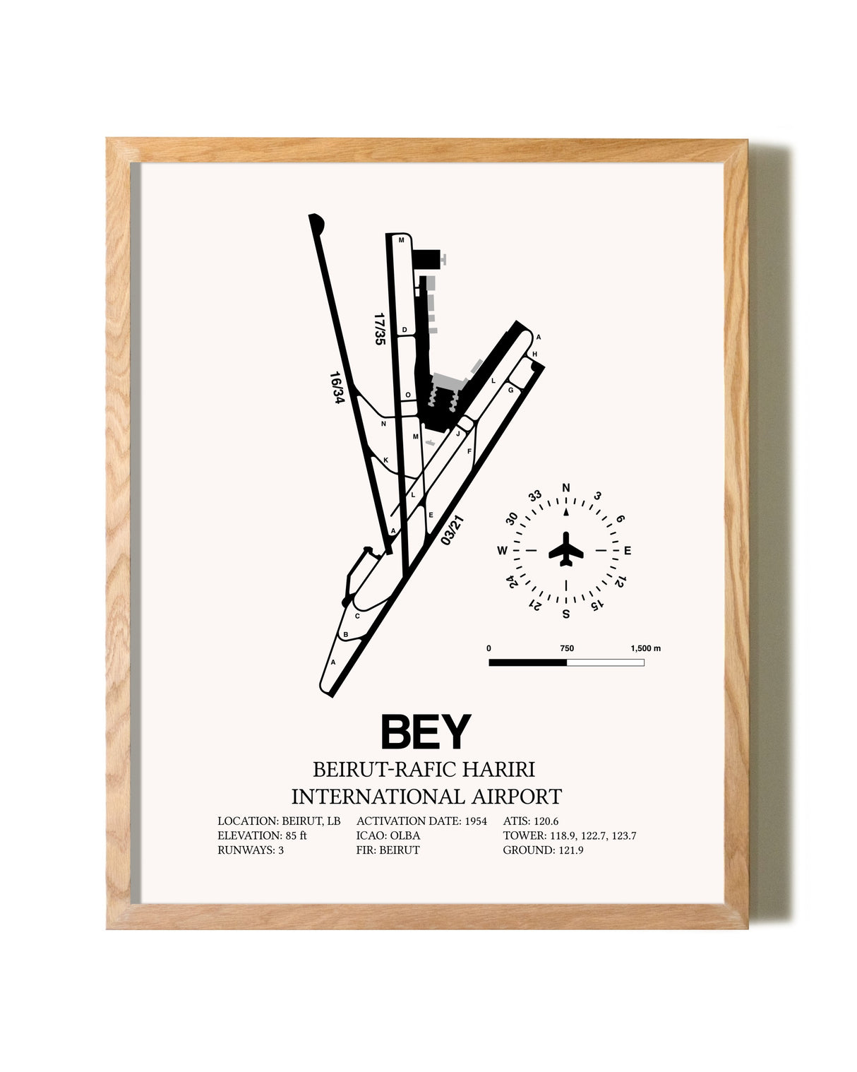Beirut-Rafic Hariri International Airport framed print in natural wood frame