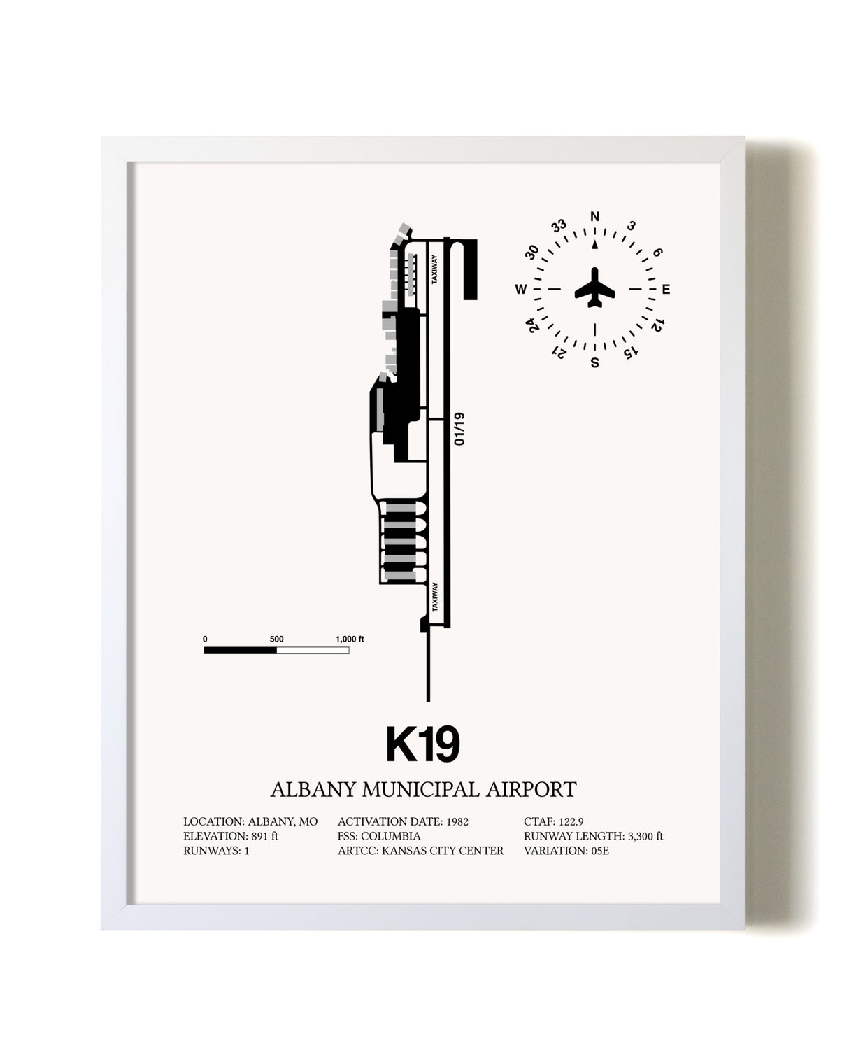 Albany Municipal Airport airport map poster in oak frame