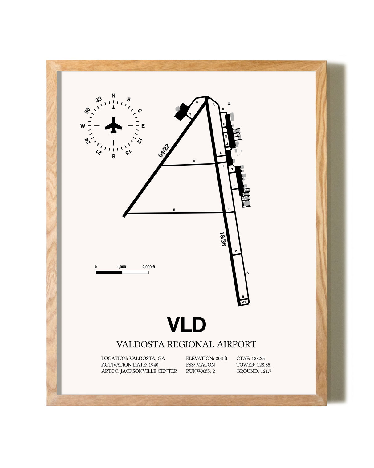 Valdosta Regional Airport framed print in natural wood frame