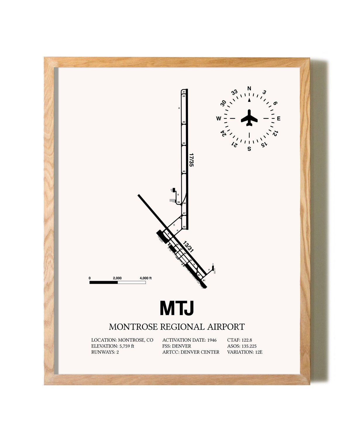 Montrose Regional Airport framed print in natural wood frame