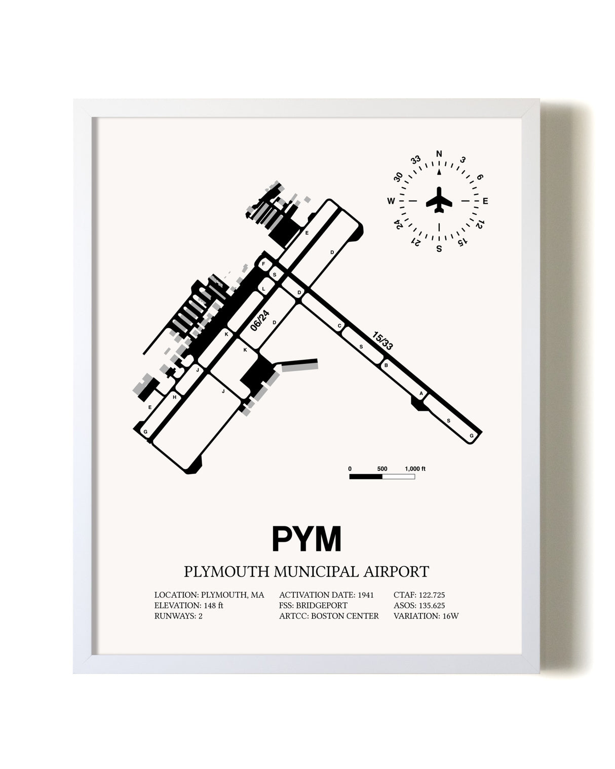 Plymouth Municipal Airport airport map poster in oak frame