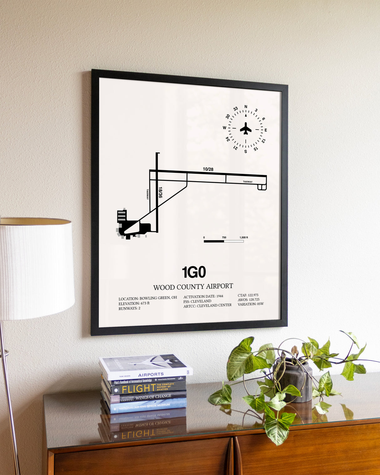Wood County Airport aviation wall décor in black wood frame