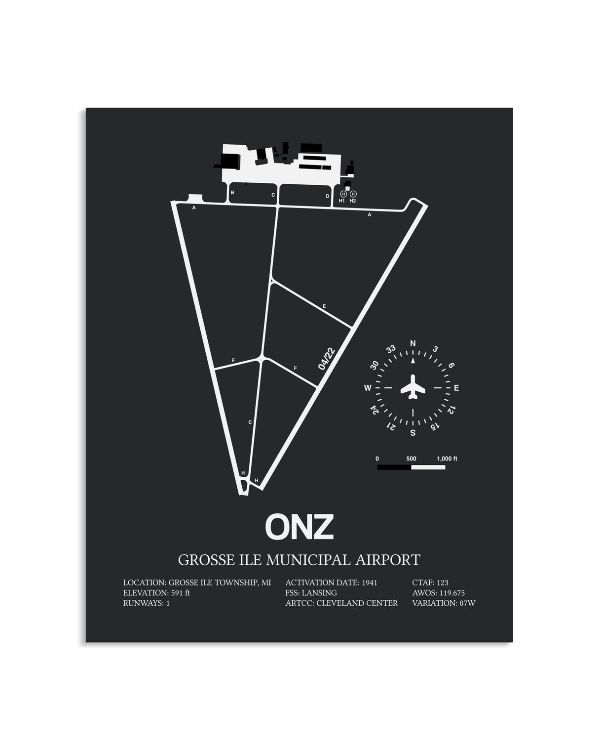 Gray Framed Grosse Ile Municipal Airport layout wall art poster