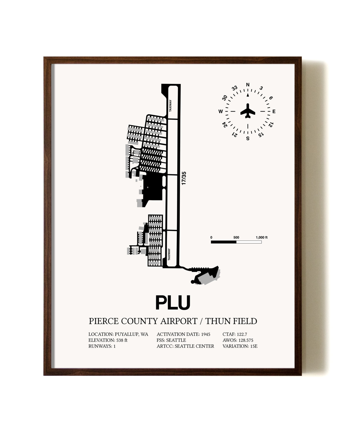 Pierce County Airport / Thun Field aviation print in walnut frame