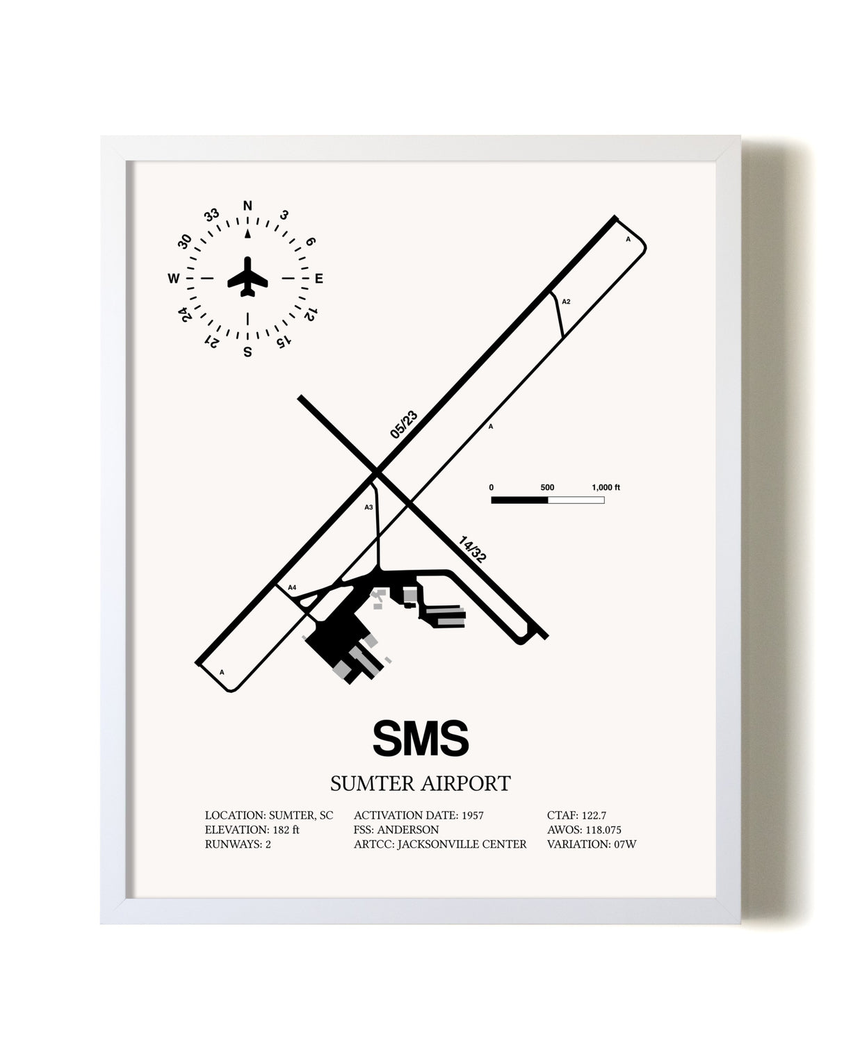 Sumter Airport airport map poster in oak frame
