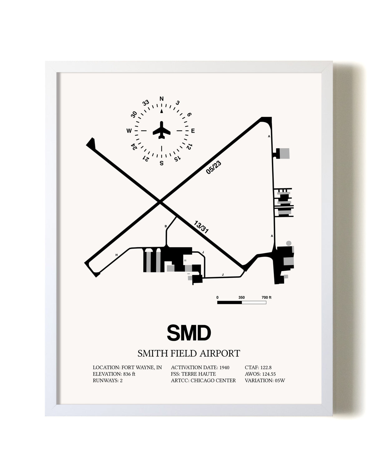 Smith Field Airport airport map poster in oak frame