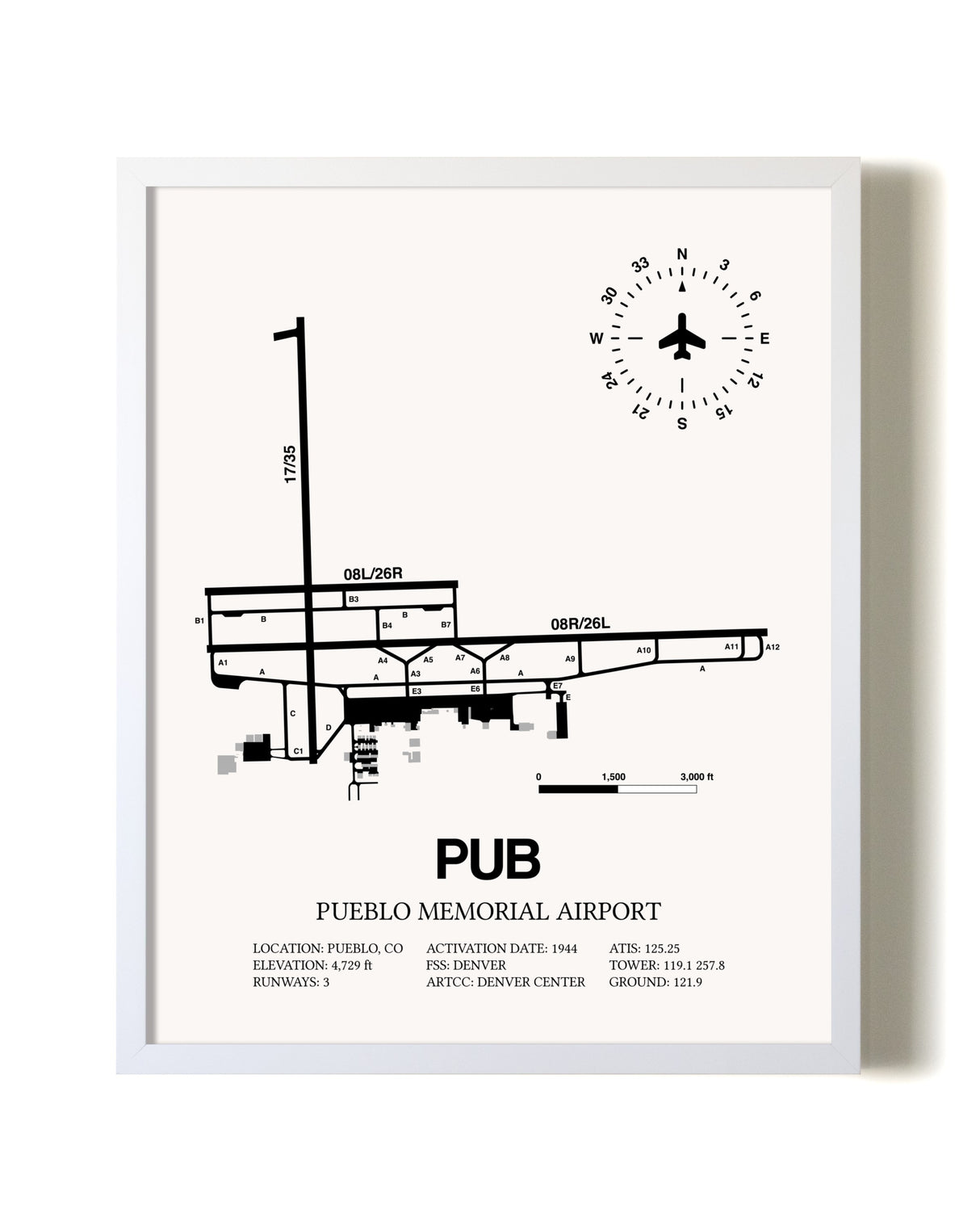 Pueblo Memorial Airport airport map poster in oak frame