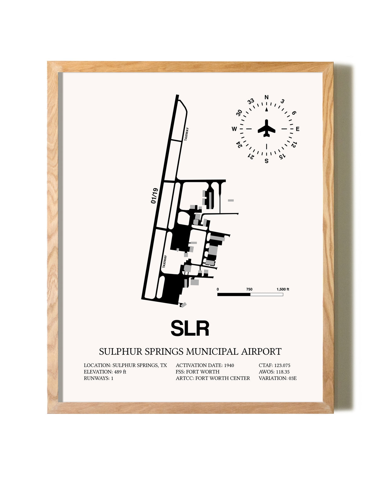 Sulphur Springs Municipal Airport framed print in natural wood frame