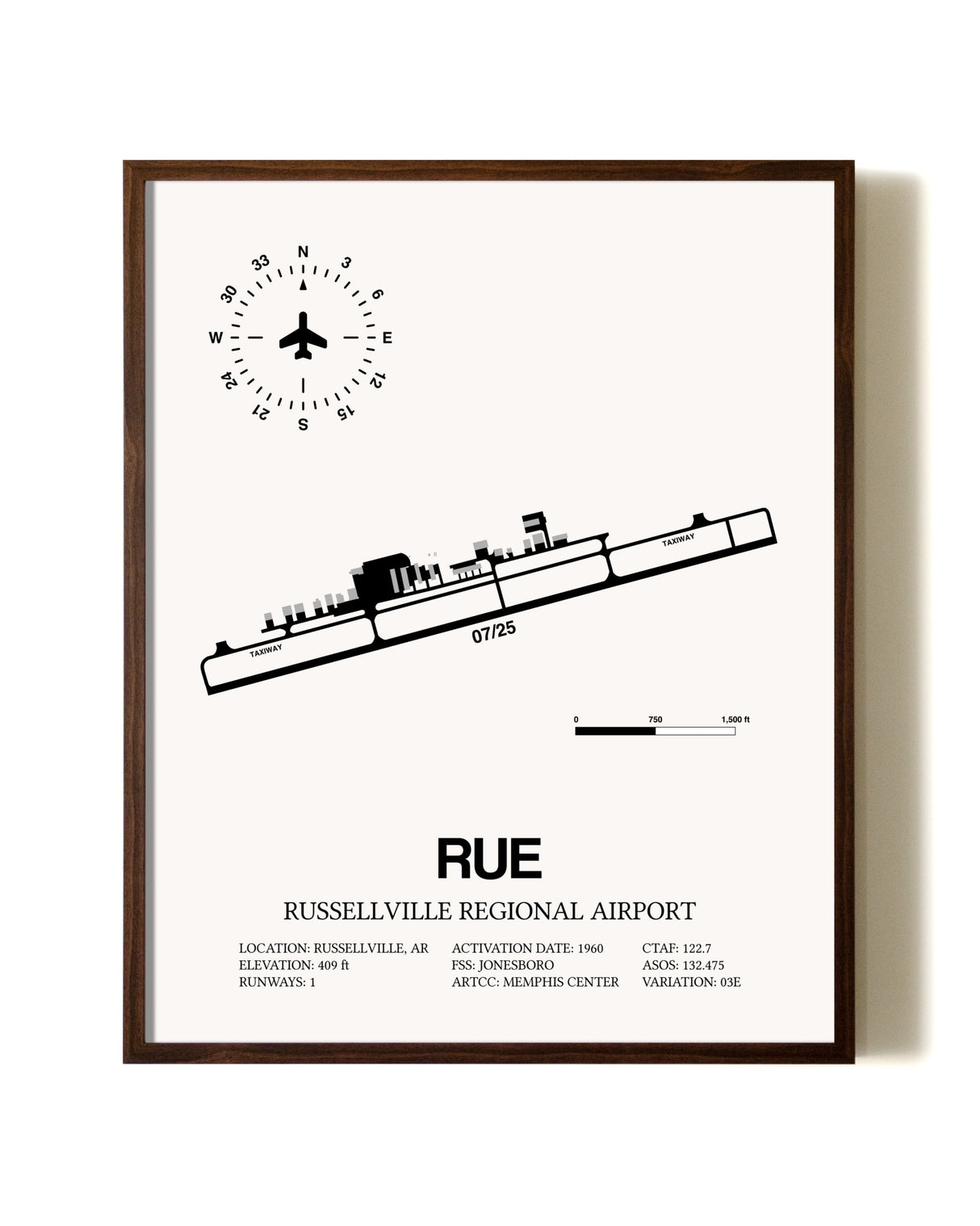 Russellville Regional Airport aviation print in walnut frame