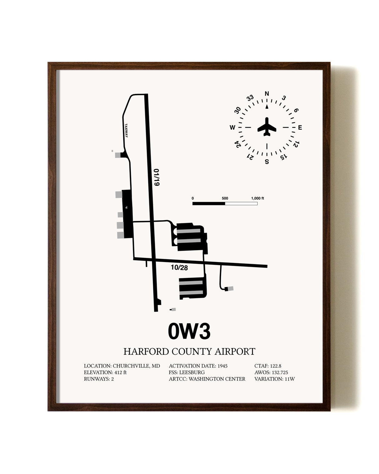 Harford County Airport aviation print in walnut frame