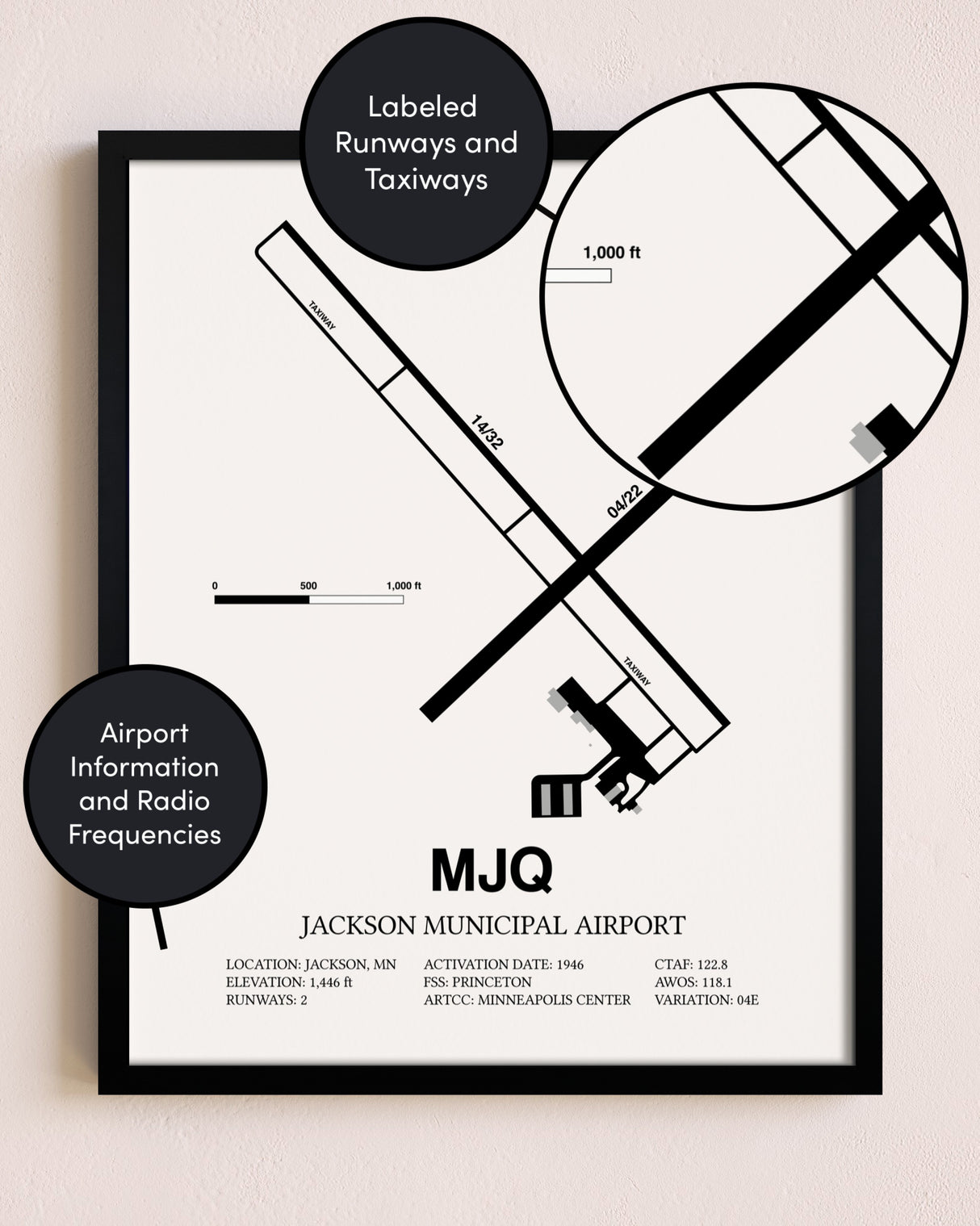 Framed Jackson Municipal Airport layout wall art poster