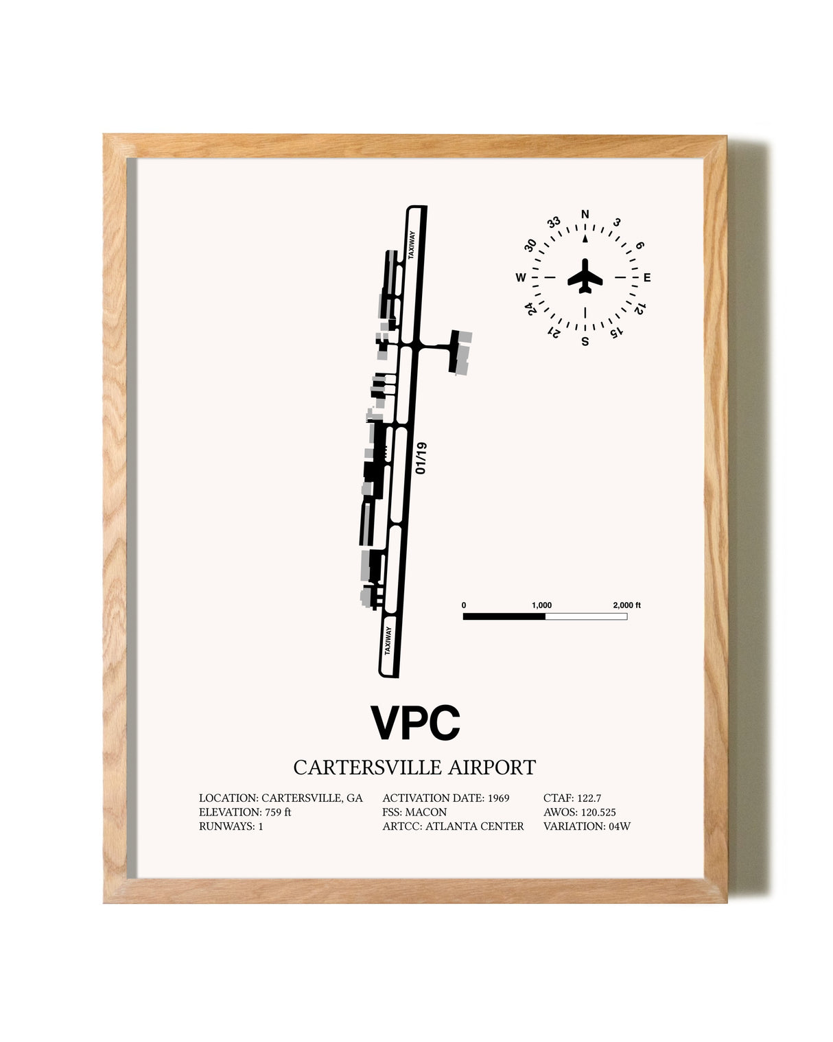 Cartersville Airport framed print in natural wood frame