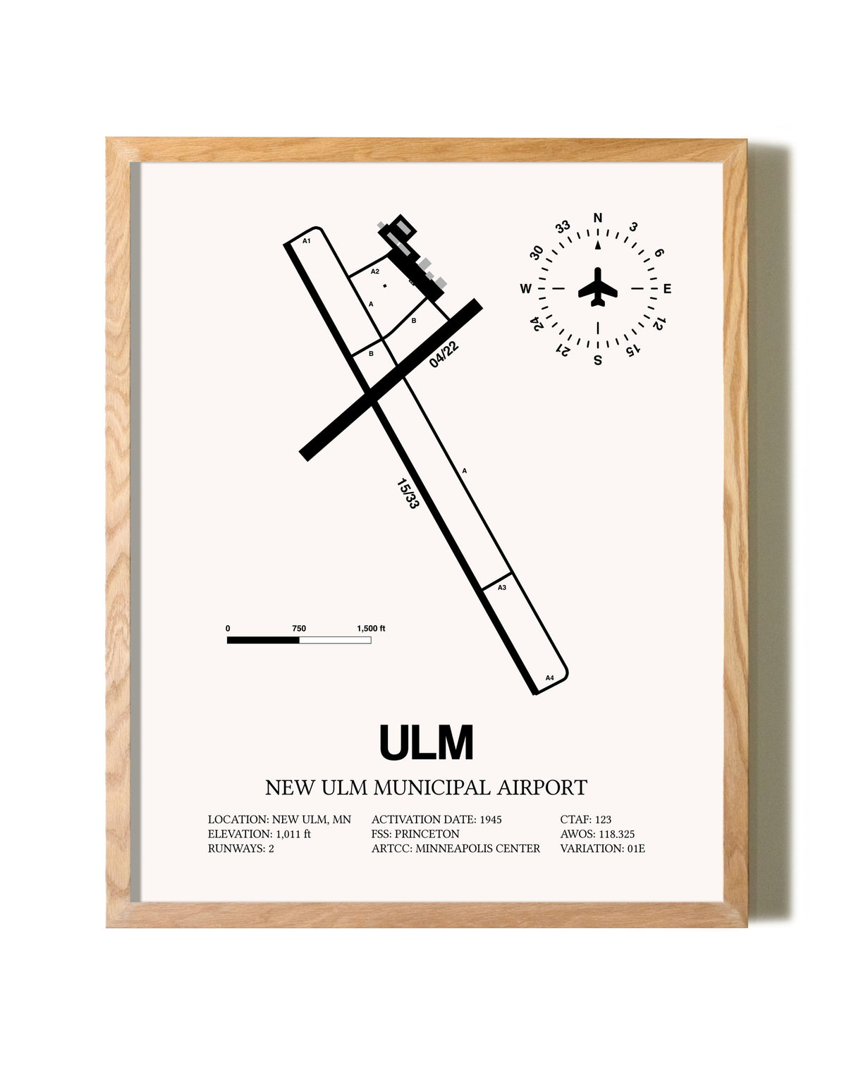 New Ulm Municipal Airport framed print in natural wood frame