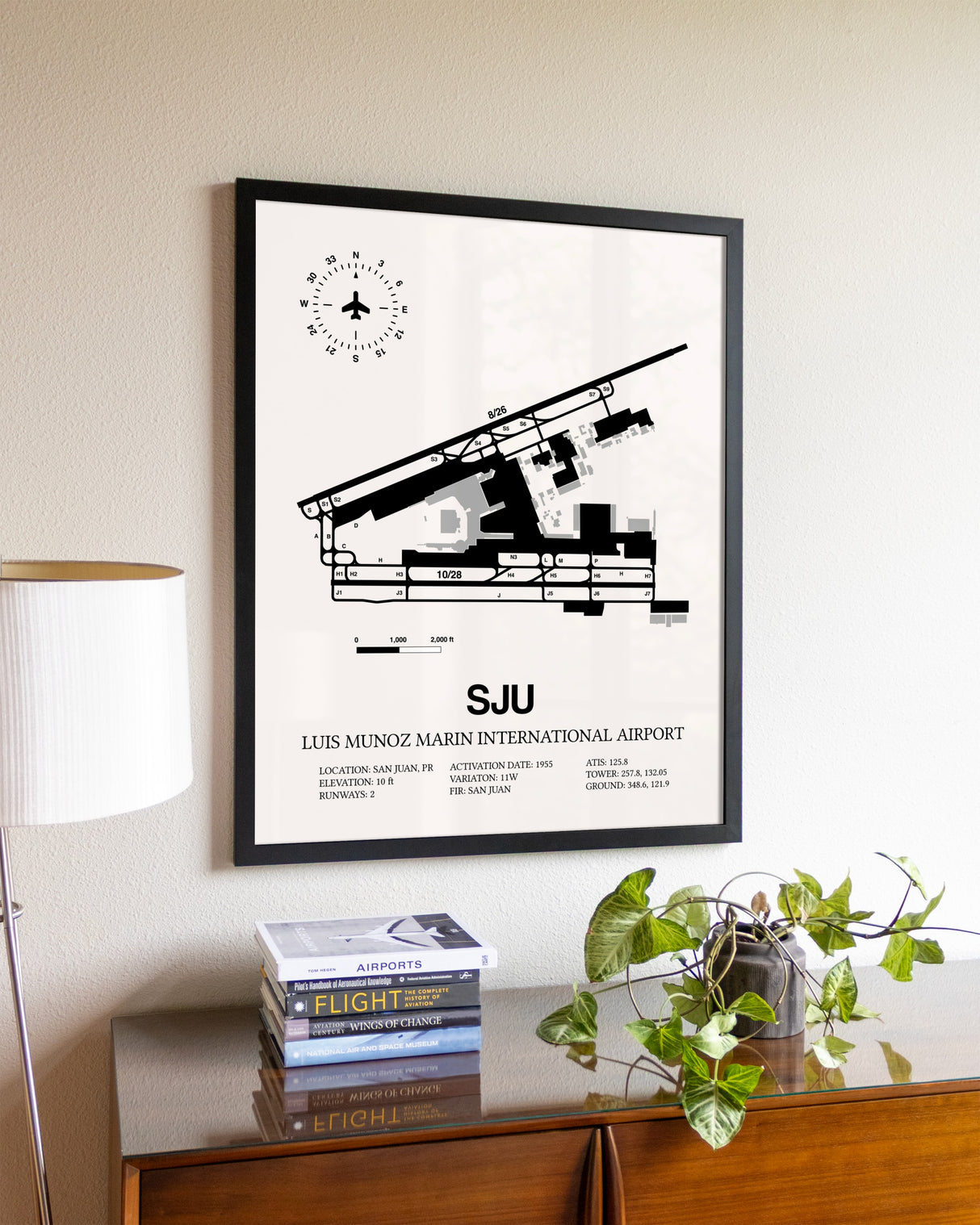 Luis Munoz Marin International Airport aviation wall décor in black wood frame