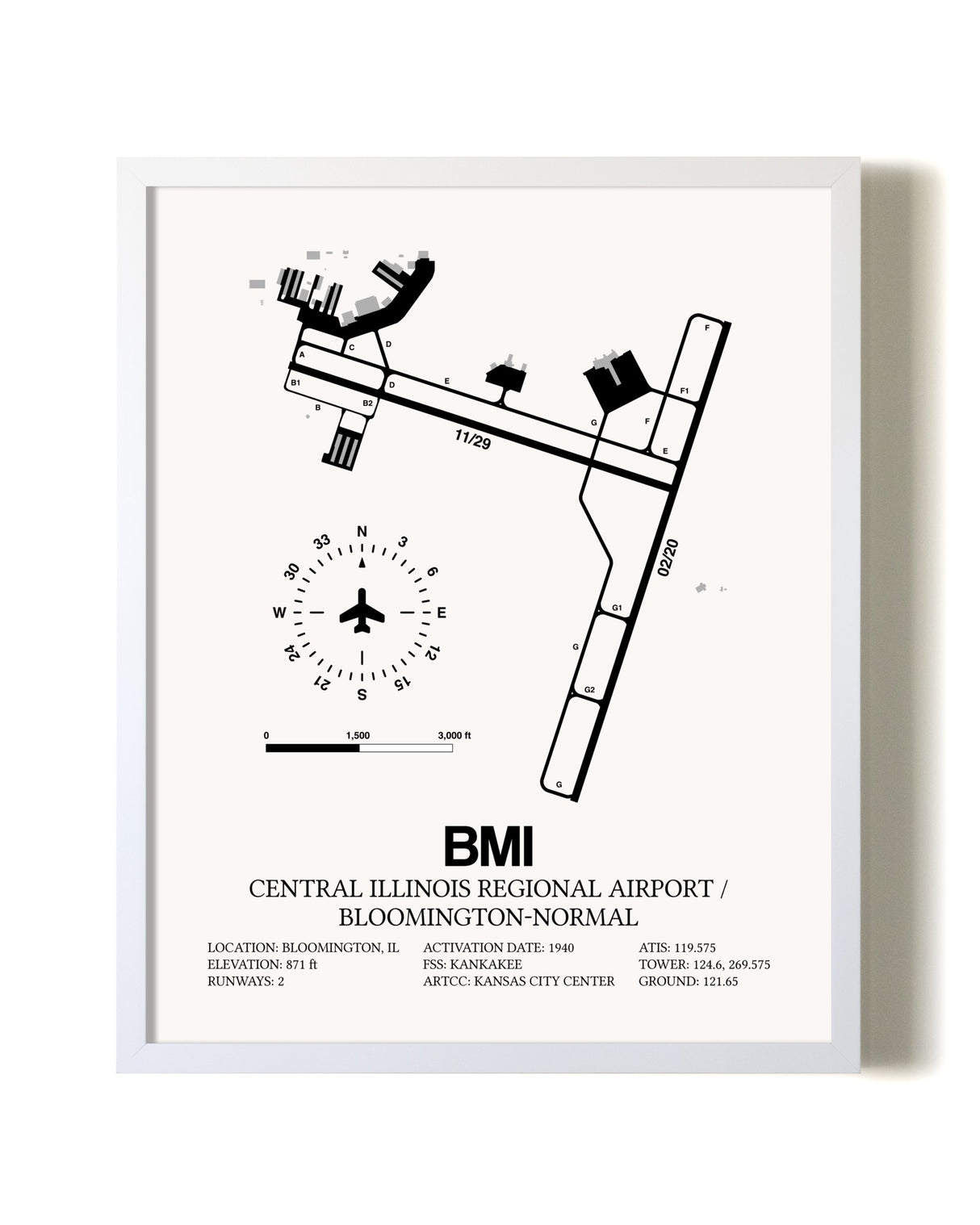 Central Illinois Regional Airport / Bloomington-Normal airport map poster in oak frame