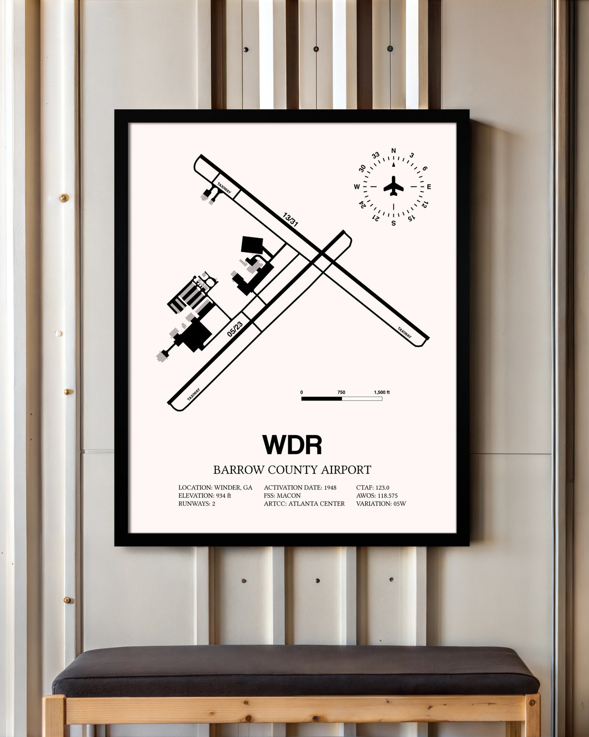 Barrow County Airport framed poster displayed in an airplane hangar