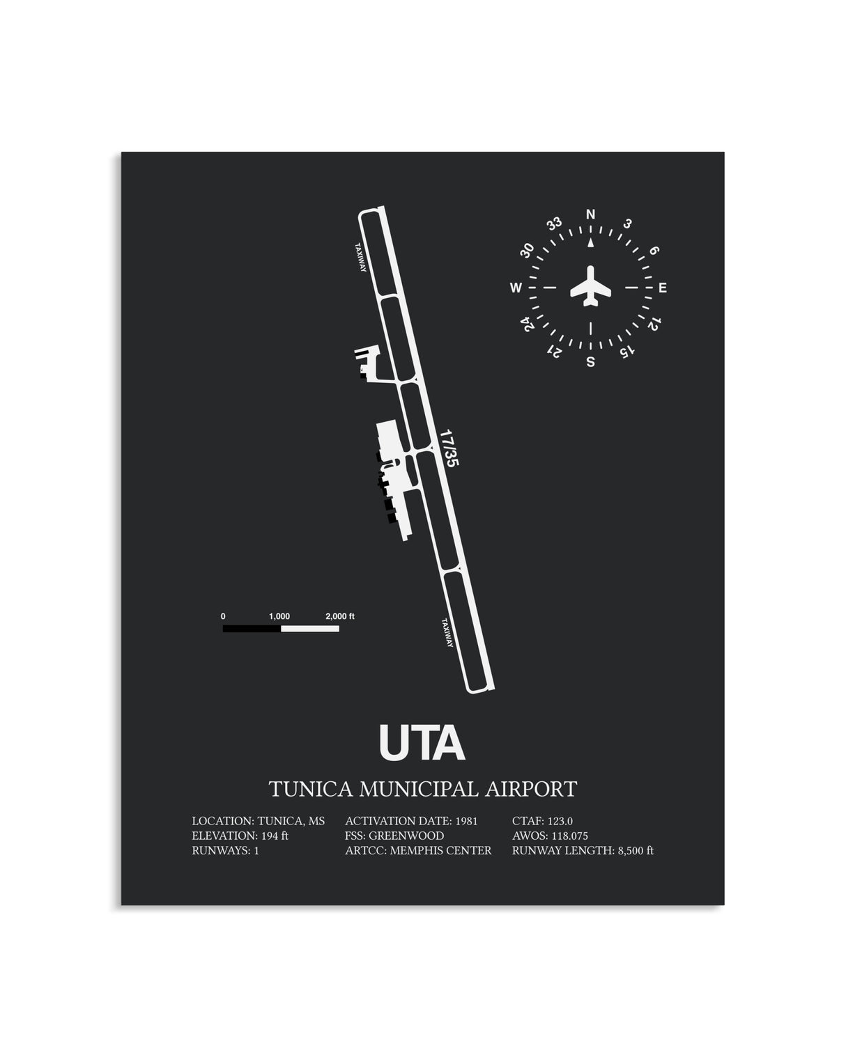 Gray Framed Tunica Municipal Airport layout wall art poster