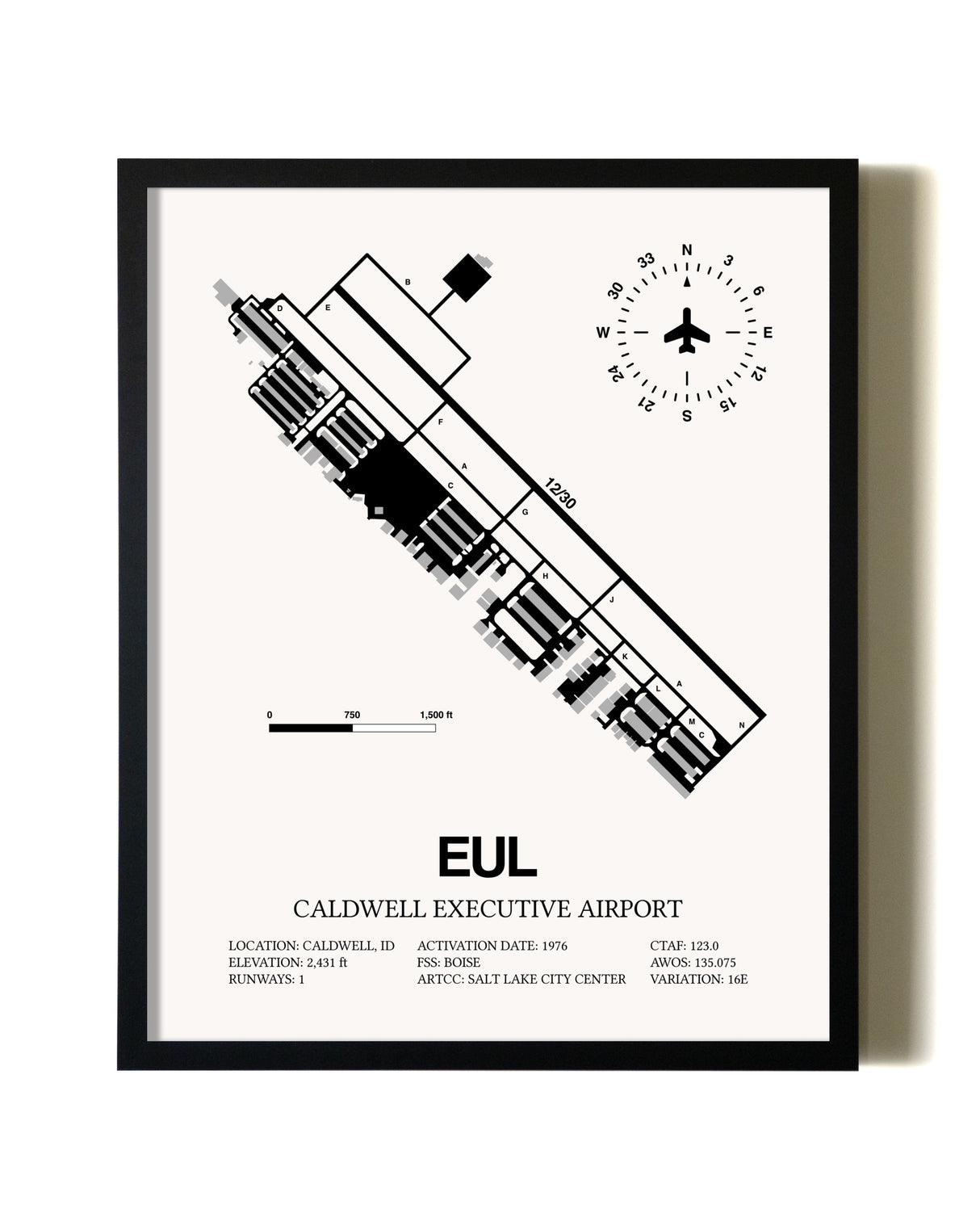 Framed Caldwell Executive Airport wall art poster in black frame