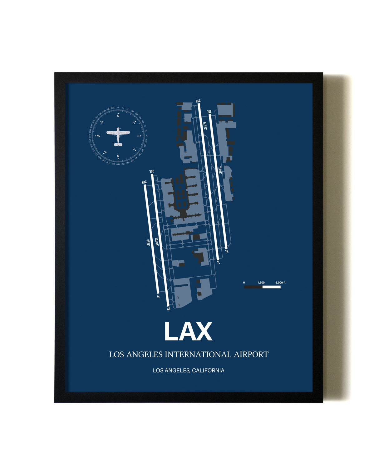 Aviation Blue Framed Los Angeles International Airport layout wall art poster