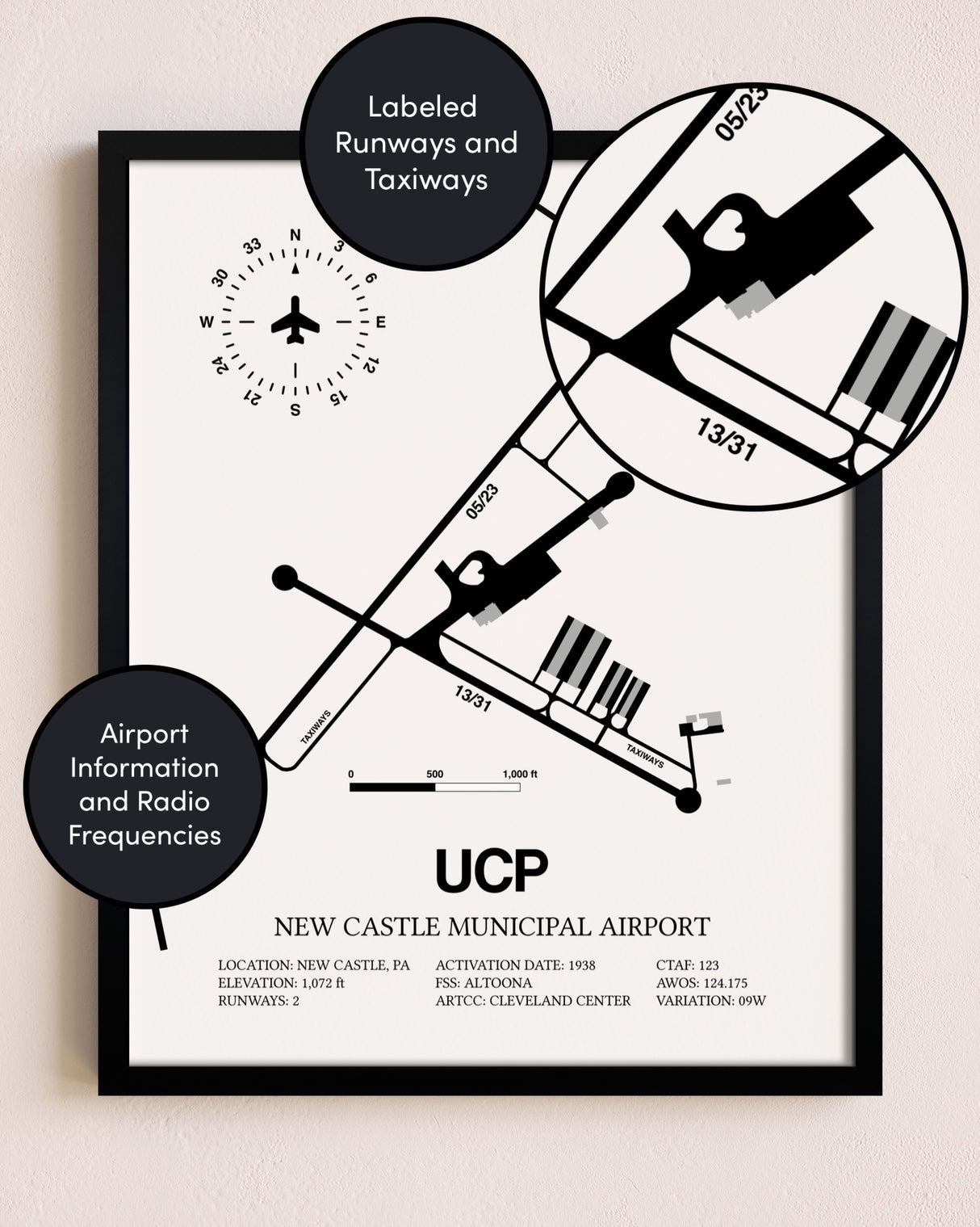 Framed New Castle Municipal Airport layout wall art poster