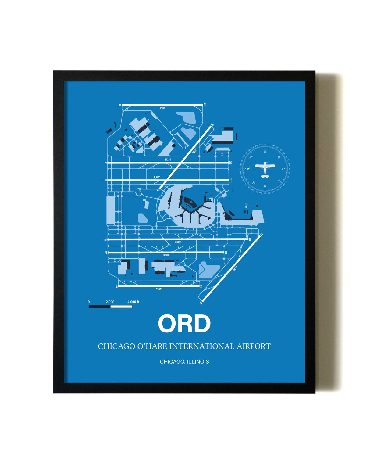Sky Blue Chicago O'Hare International Airport aviation wall décor in black wood frame
