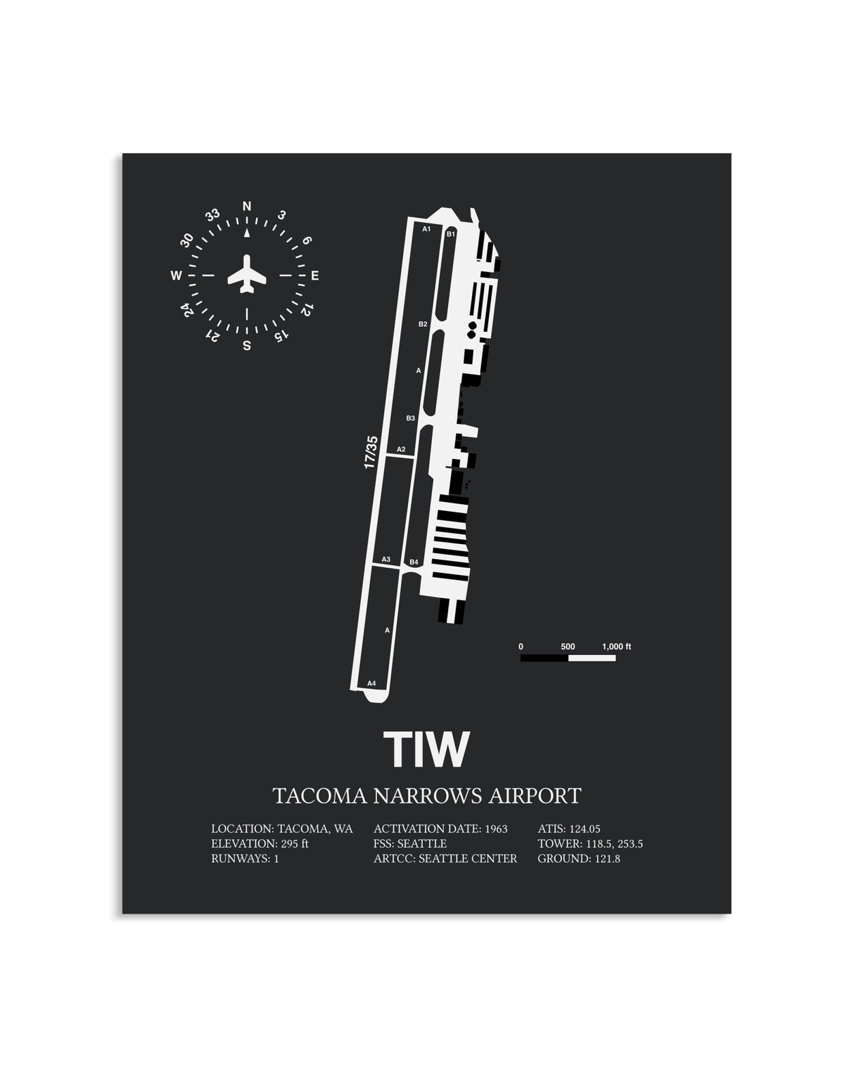 Gray Framed Tacoma Narrows Airport layout wall art poster