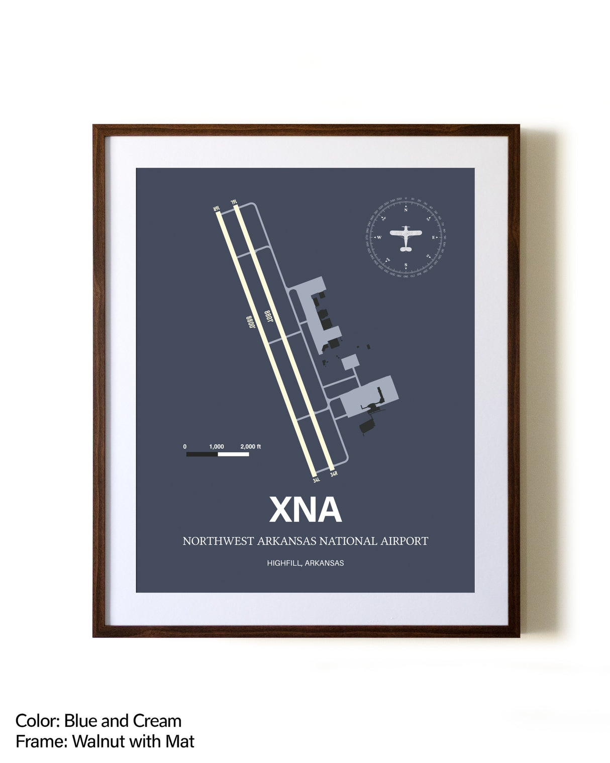 Northwest Arkansas National Airport aviation print in walnut frame with mat