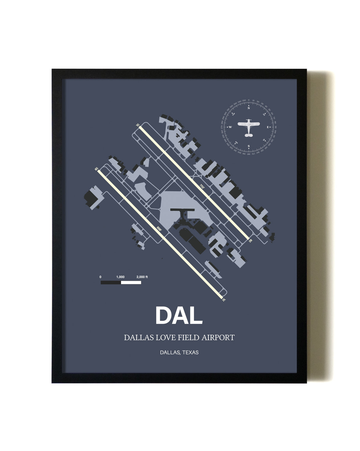 Blue and Cream Framed Dallas Love Field Airport layout wall art poster