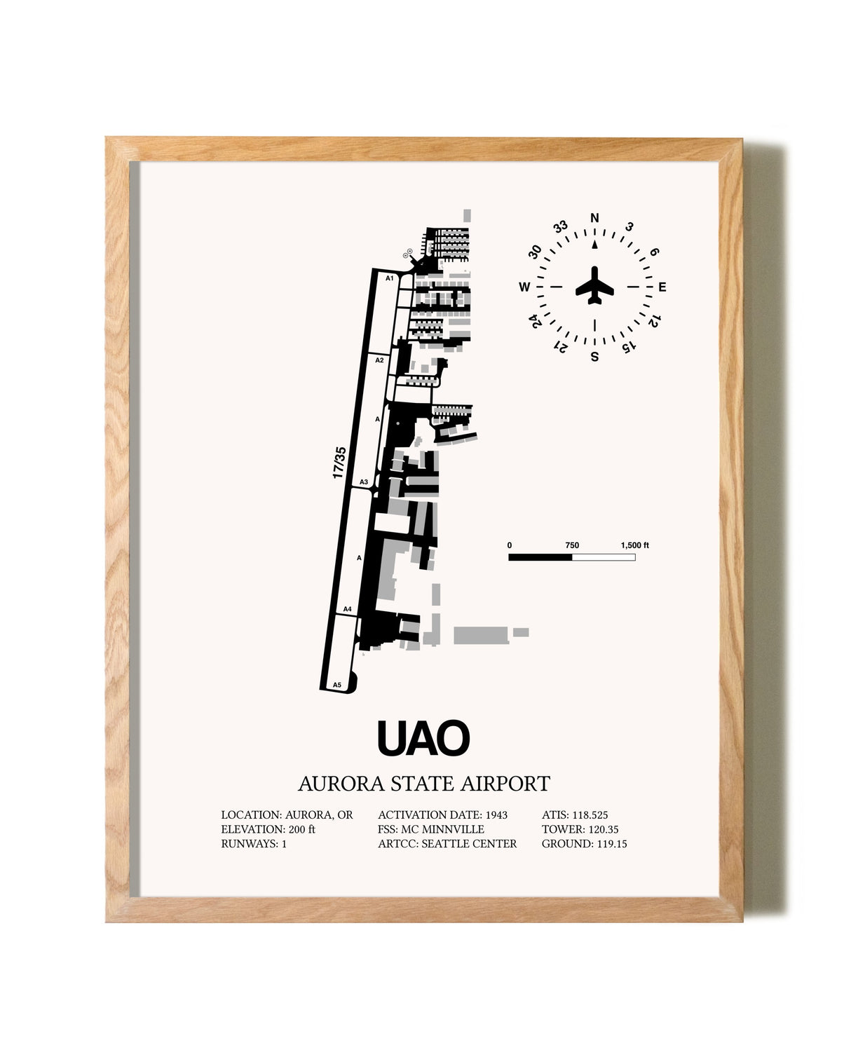 Aurora State Airport framed print in natural wood frame