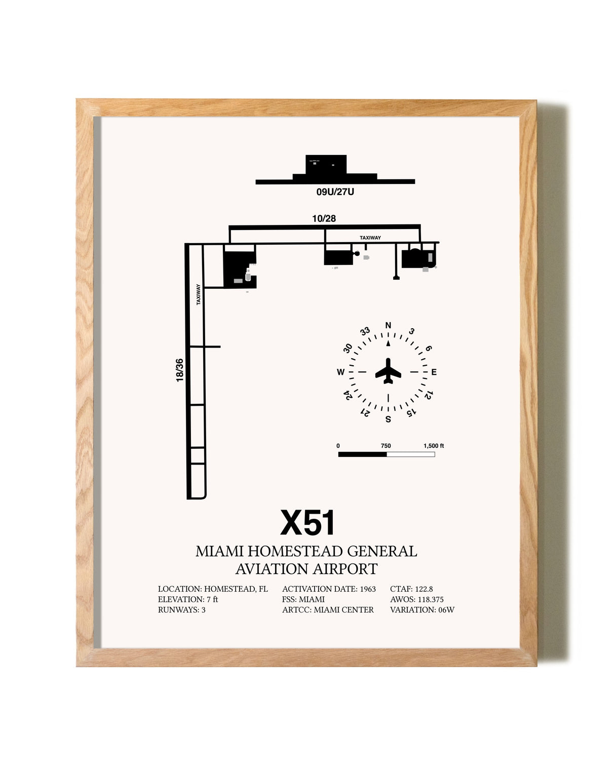 Miami Homestead General Aviation Airport framed print in natural wood frame
