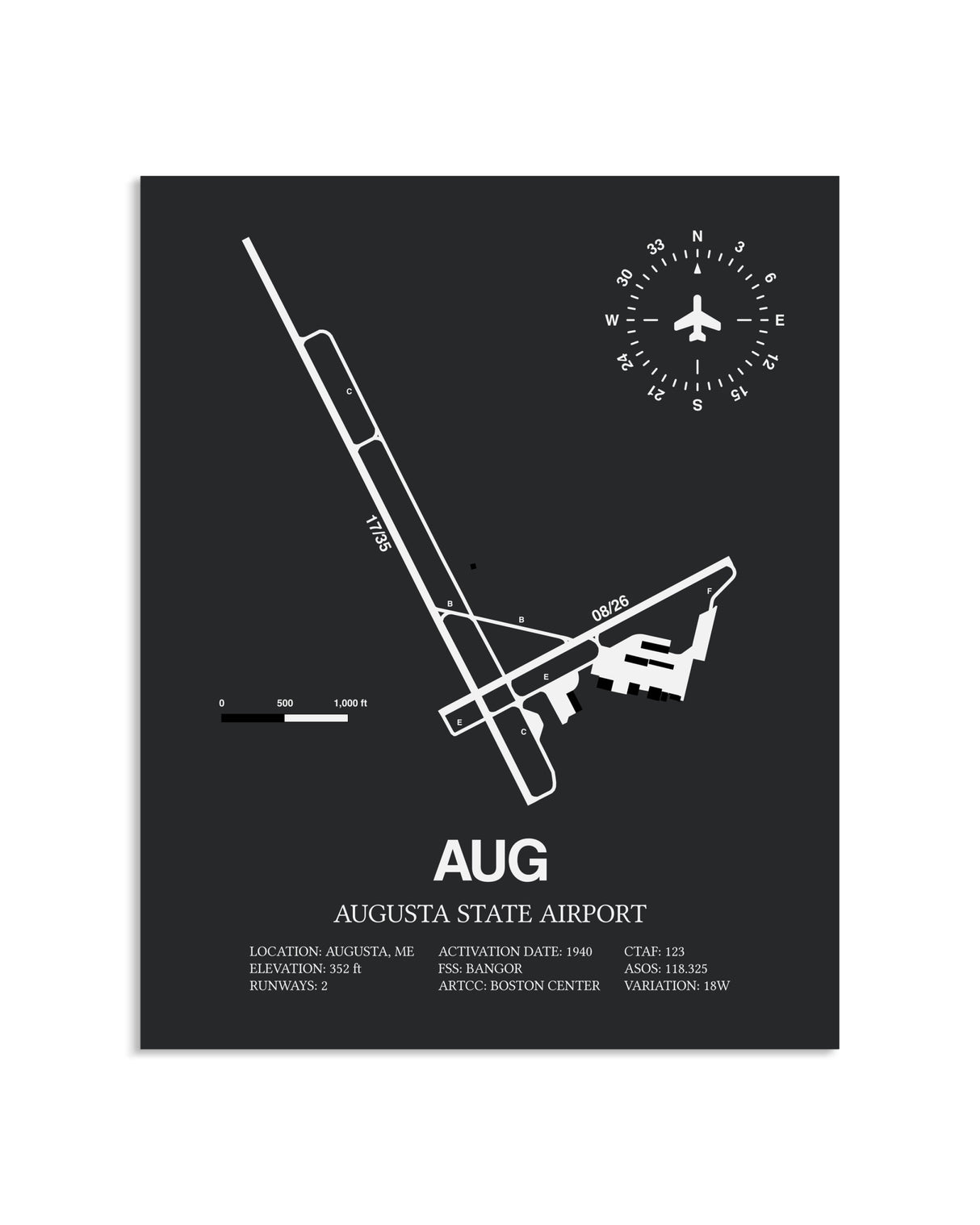 Gray Framed Augusta State Airport layout wall art poster