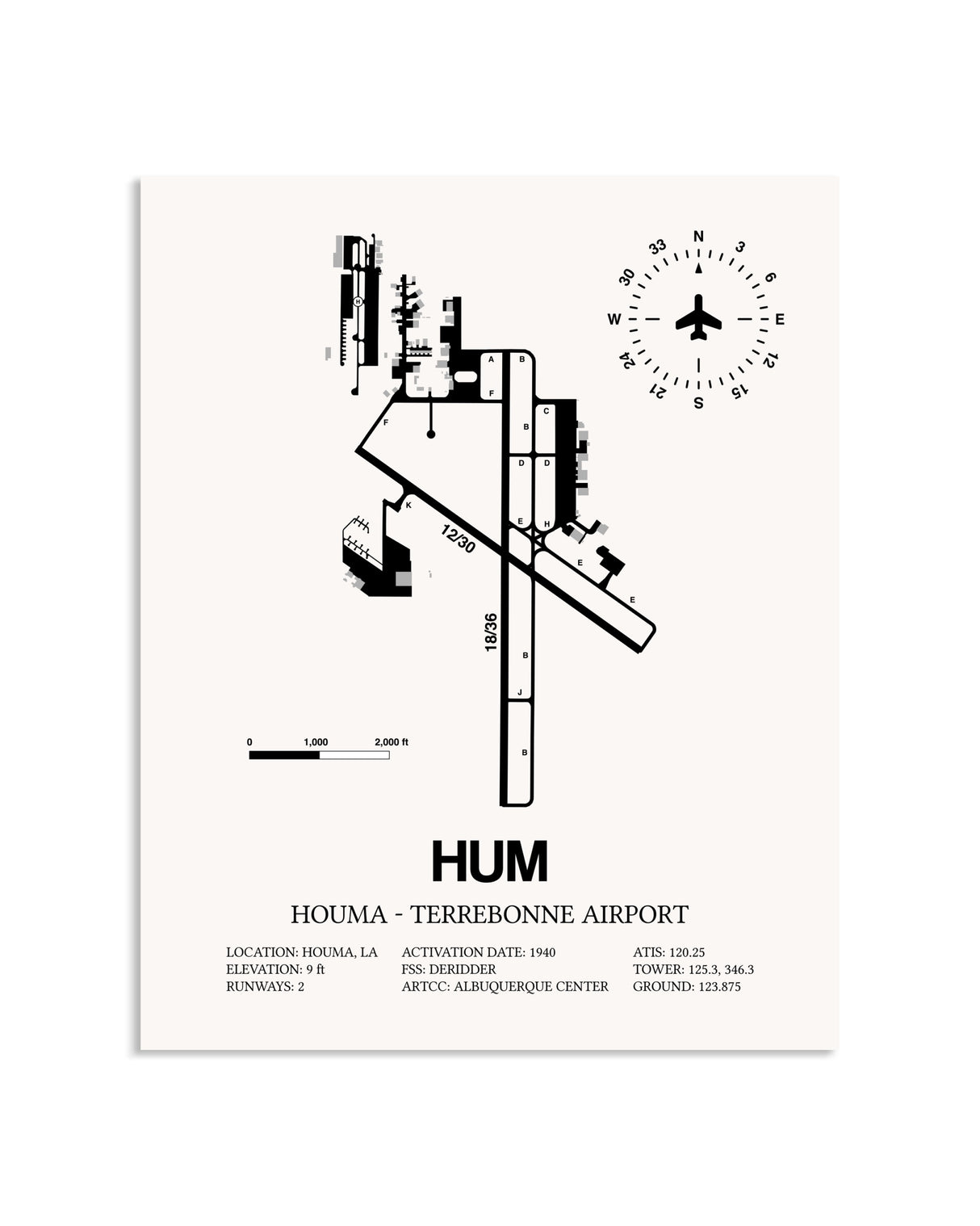Gray Houma-Terrebonne Airport framed poster displayed in an airplane hangar
