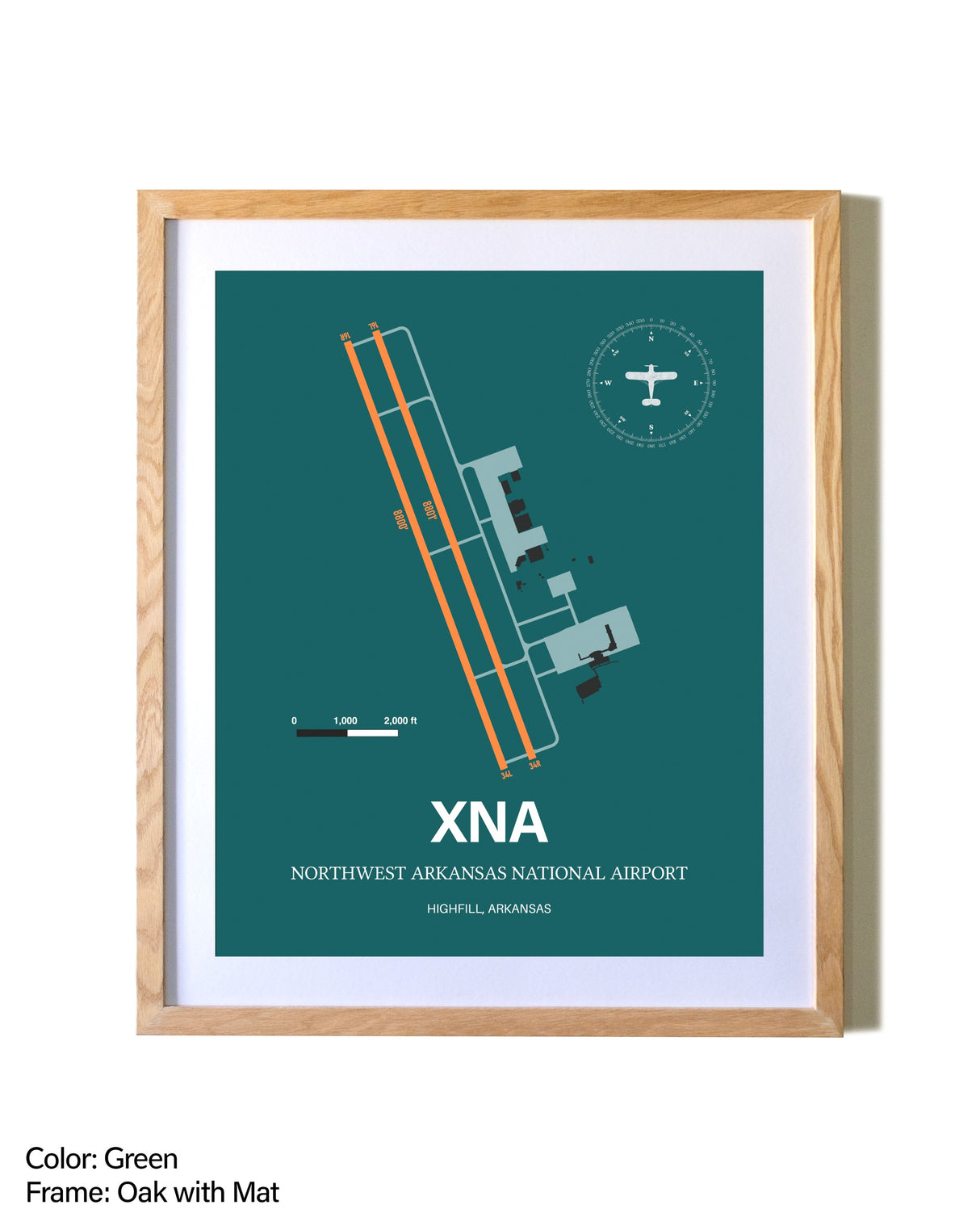 Northwest Arkansas National Airport airport map poster in oak frame with mat