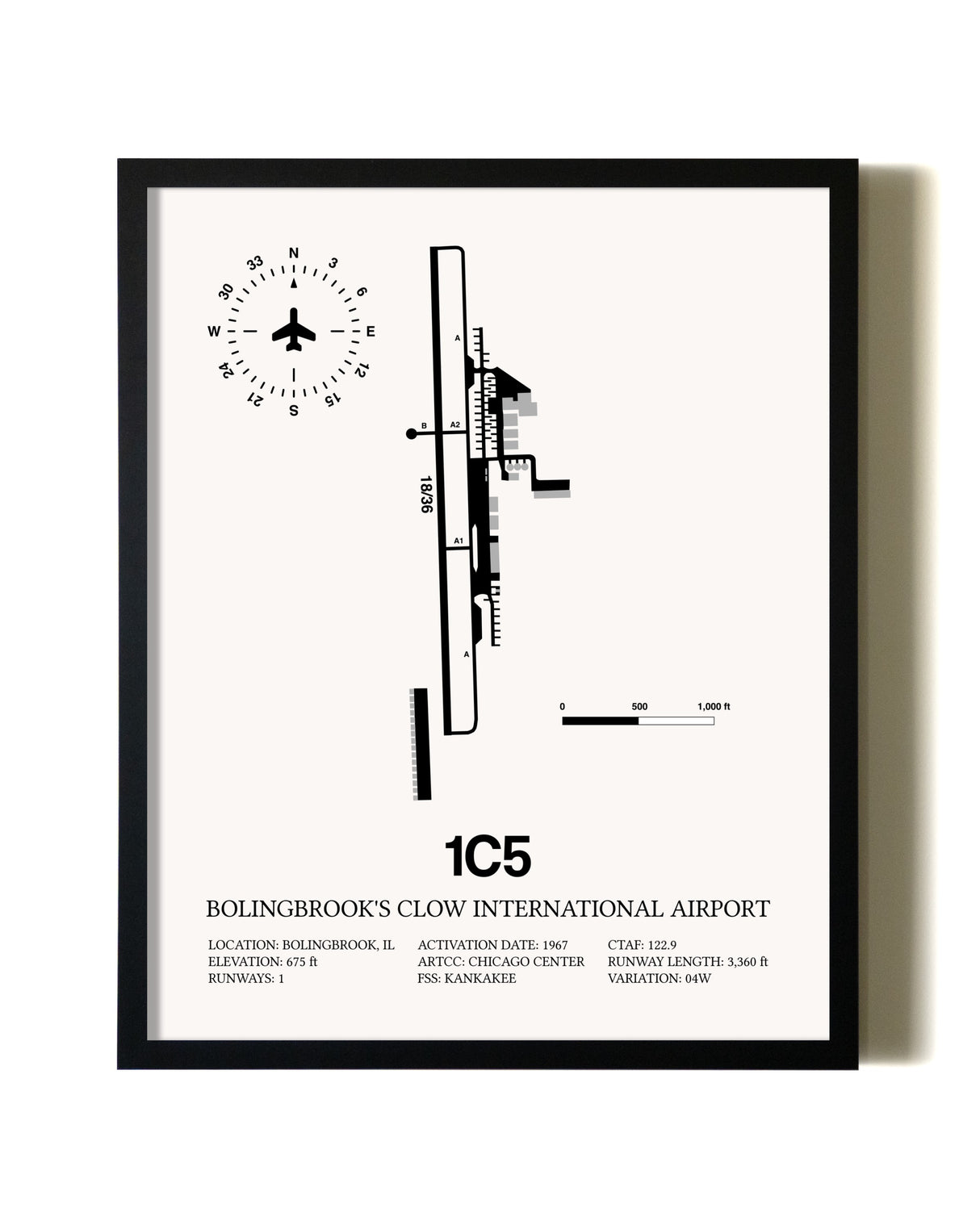 Framed Bolingbrook's Clow International Airport wall art poster in black frame