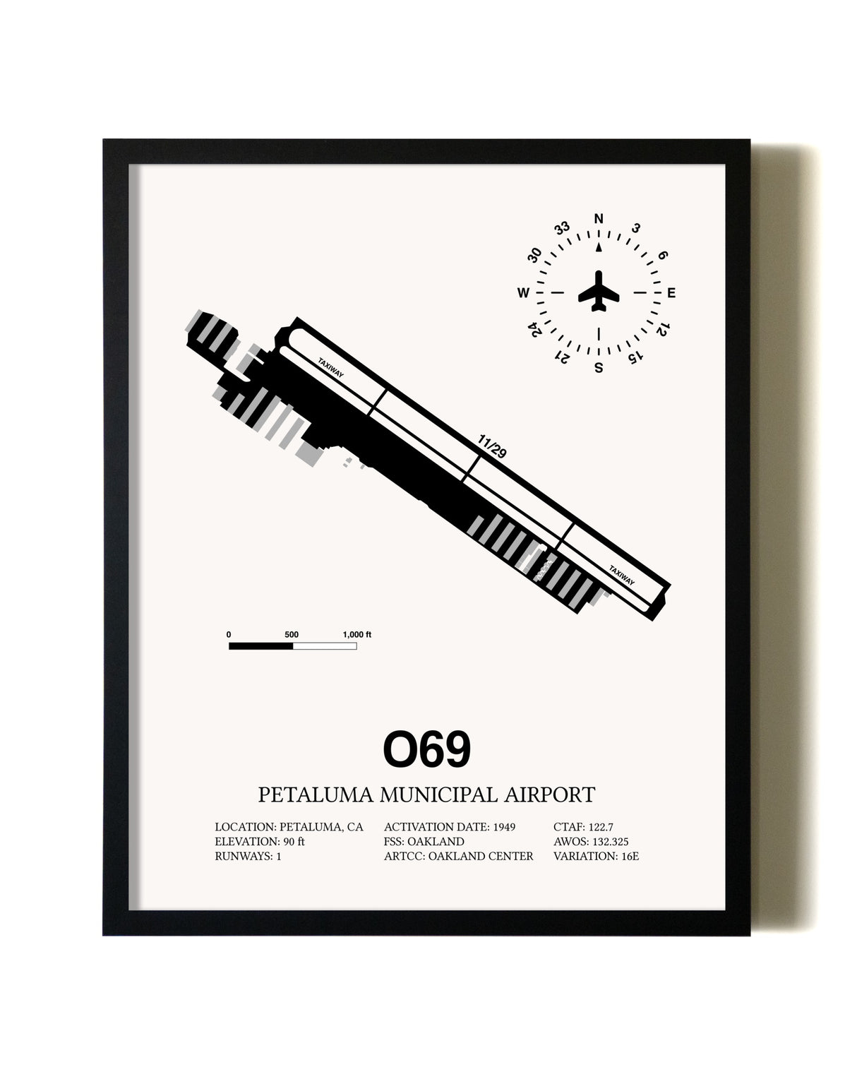 Framed Petaluma Municipal Airport wall art poster in black frame
